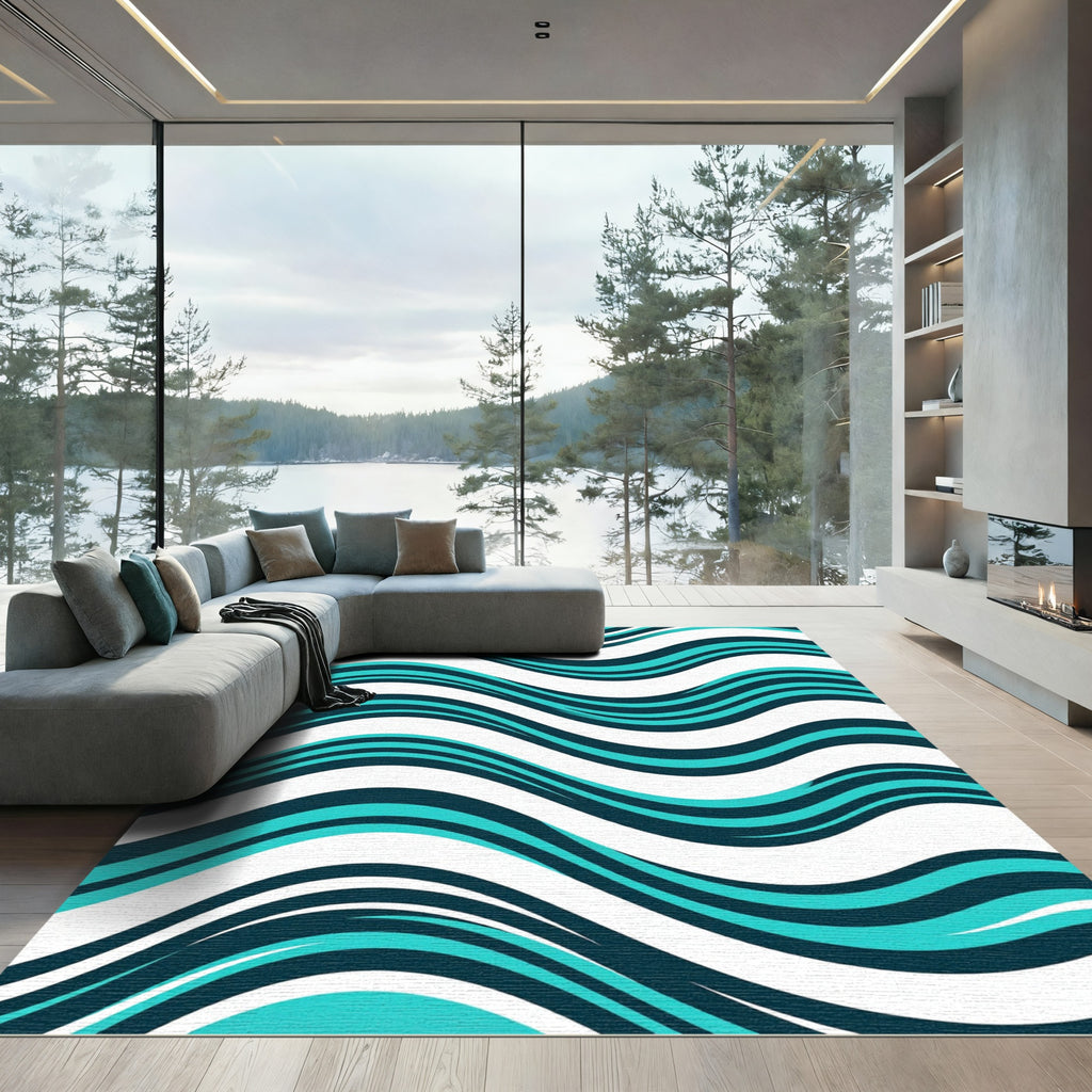 Modern Teal and Navy Wavy Lines Rug