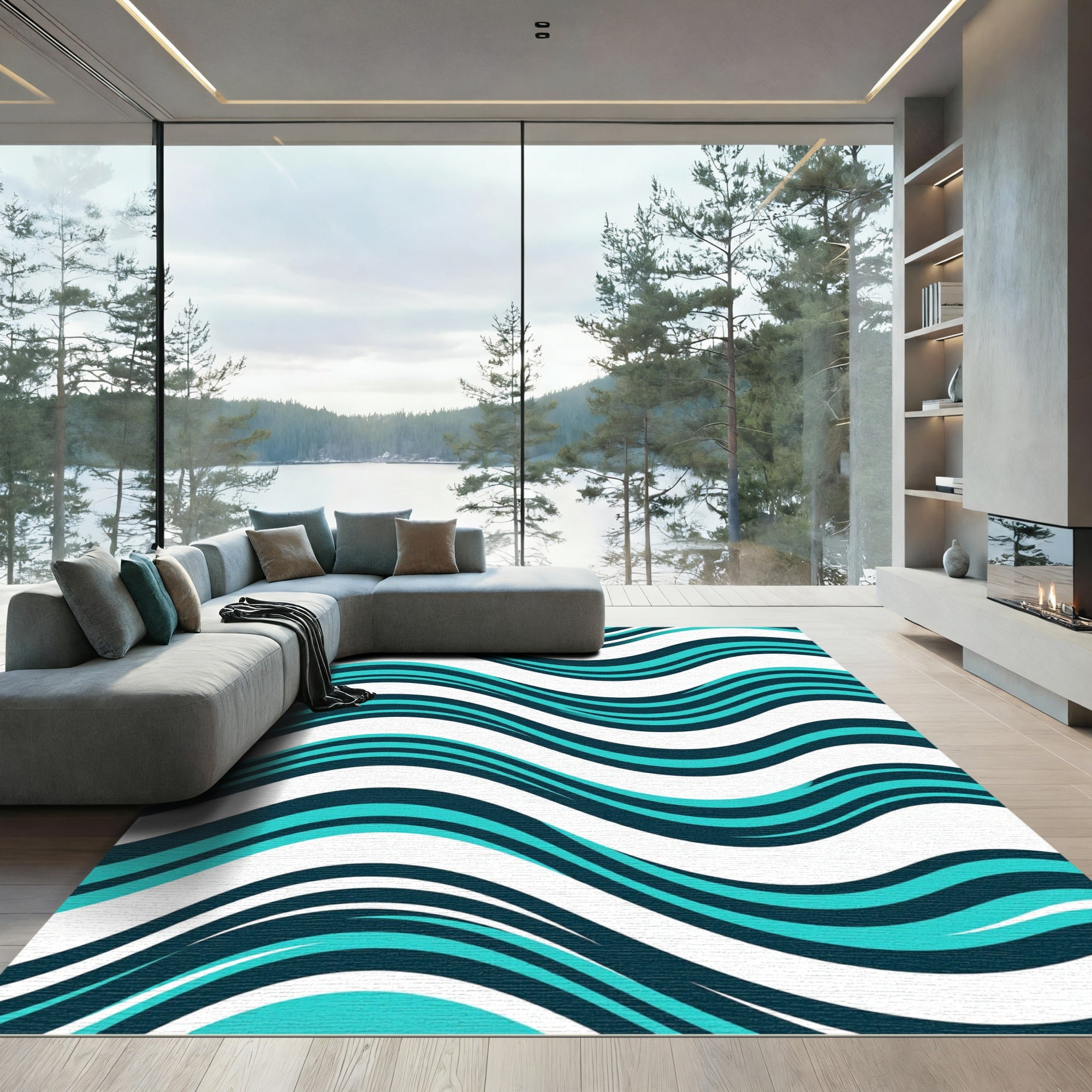 Modern Teal and Navy Wavy Lines Rug