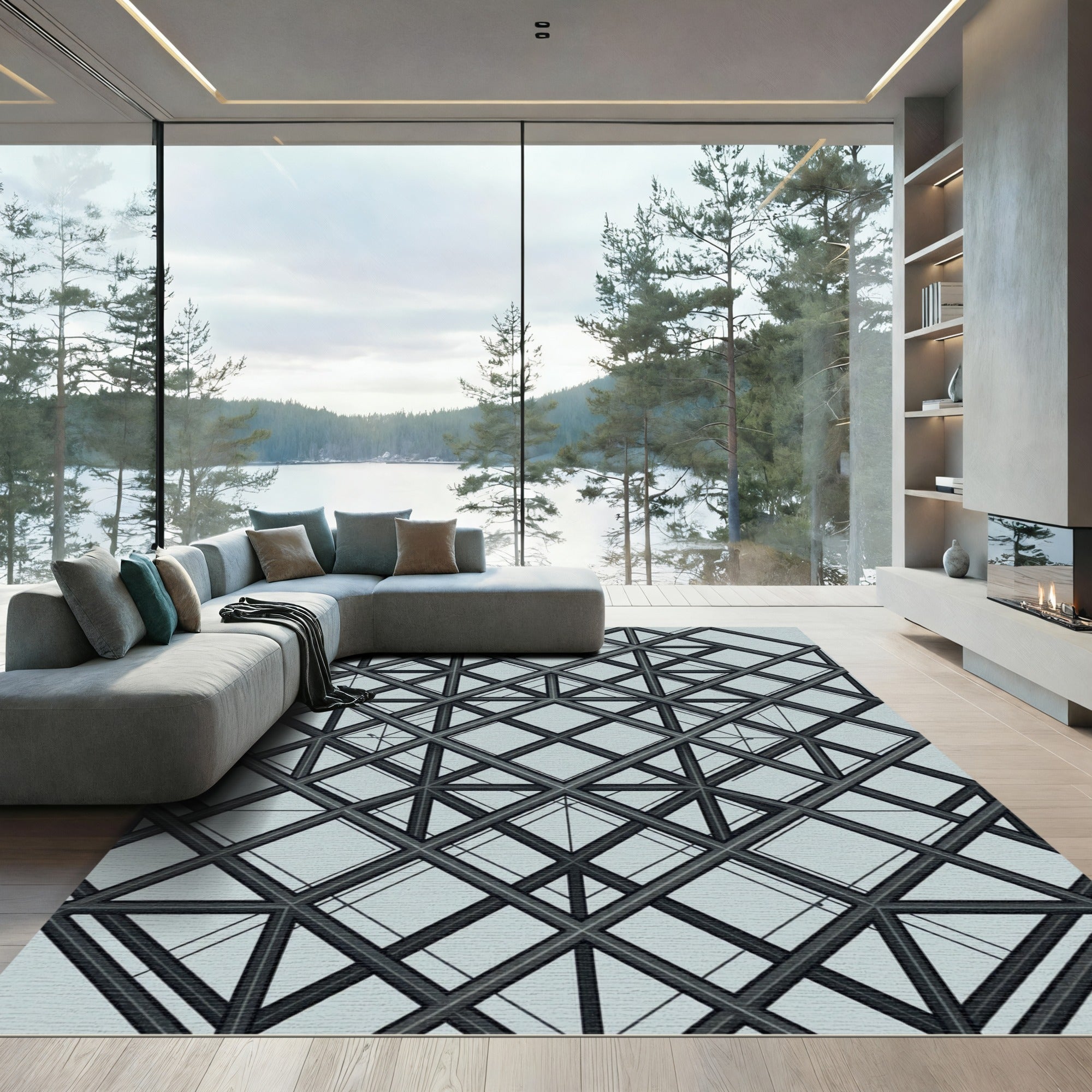Industrial Steel Grey Geometric Lattice Rug
