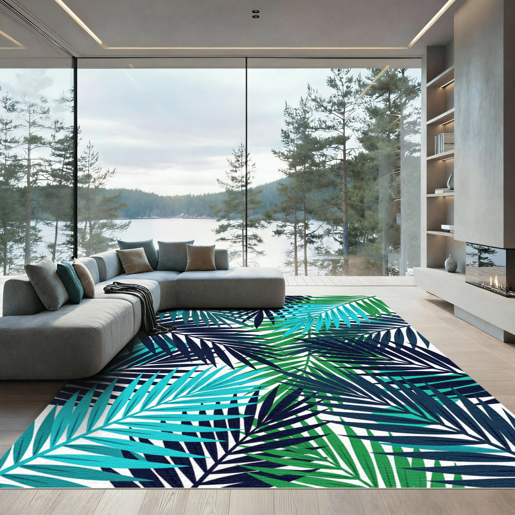 Lush Teal and Navy Tropical Foliage Rug