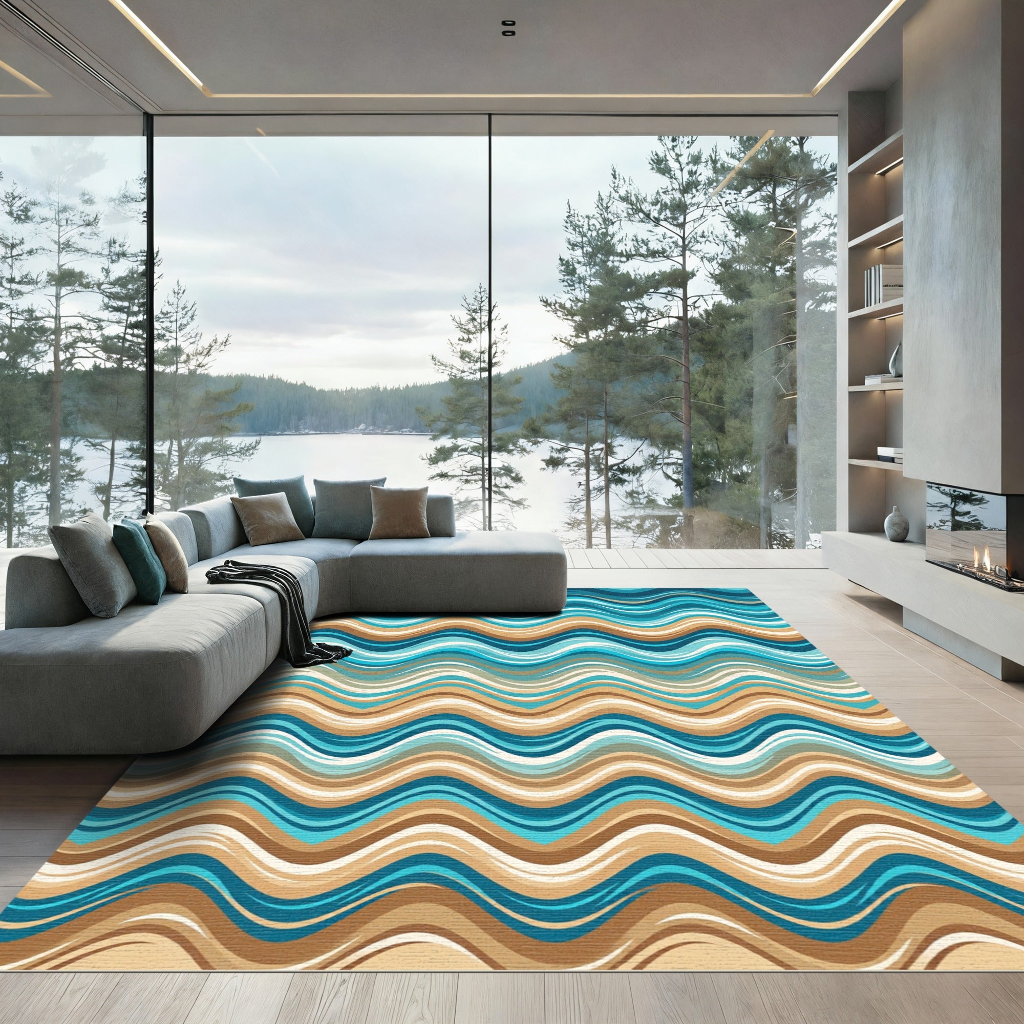 Earthy Blue Wavy Coastal Stripe Rug