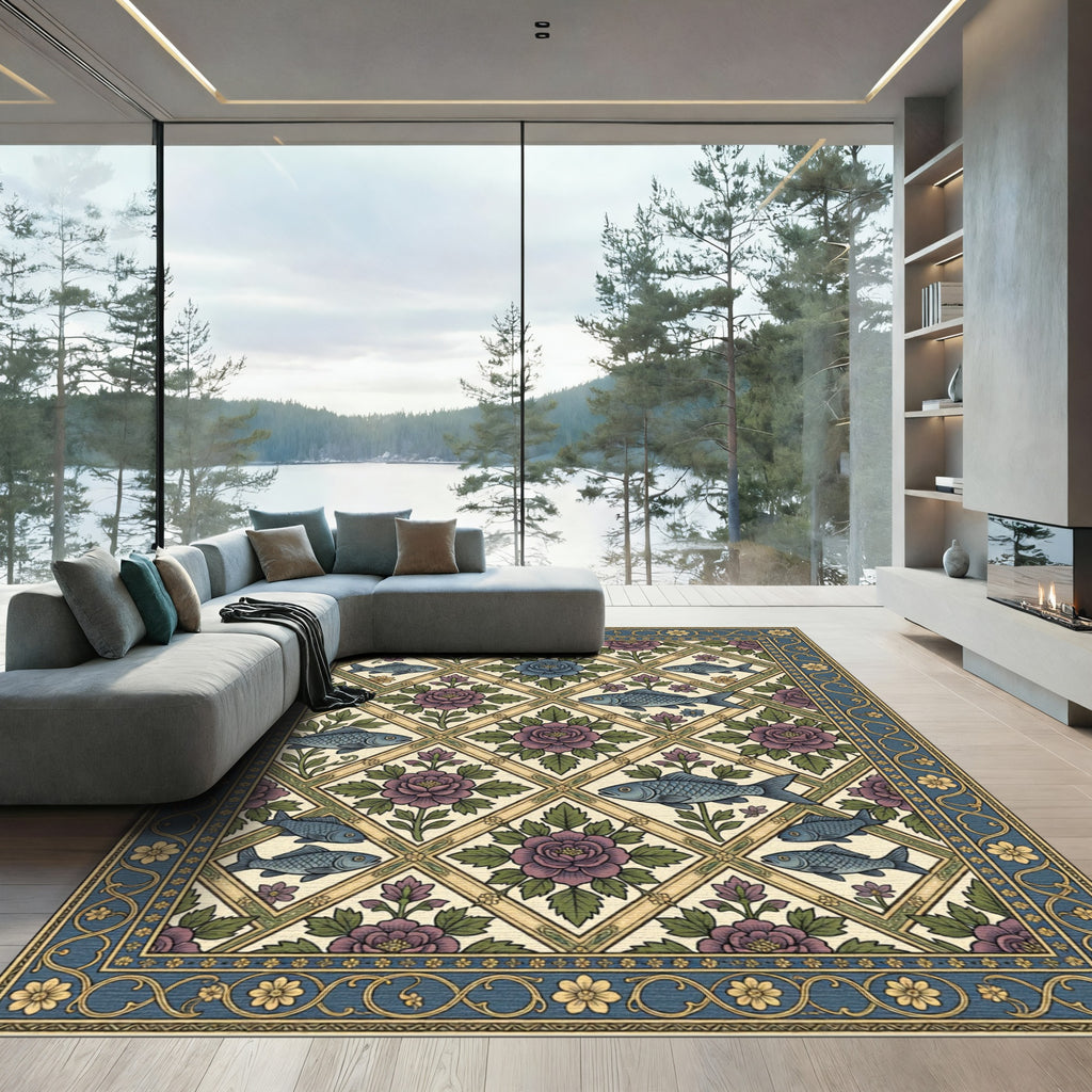 Vintage Blue Floral Fish Diamond Lattice Rug