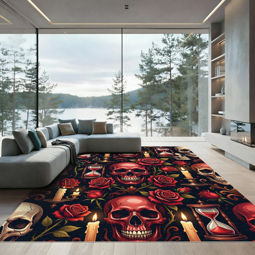 Gothic Red Skull Hourglass Rose Art Rug