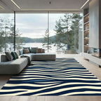 Navy Blue Cream Wavy Zebra Stripes Rug