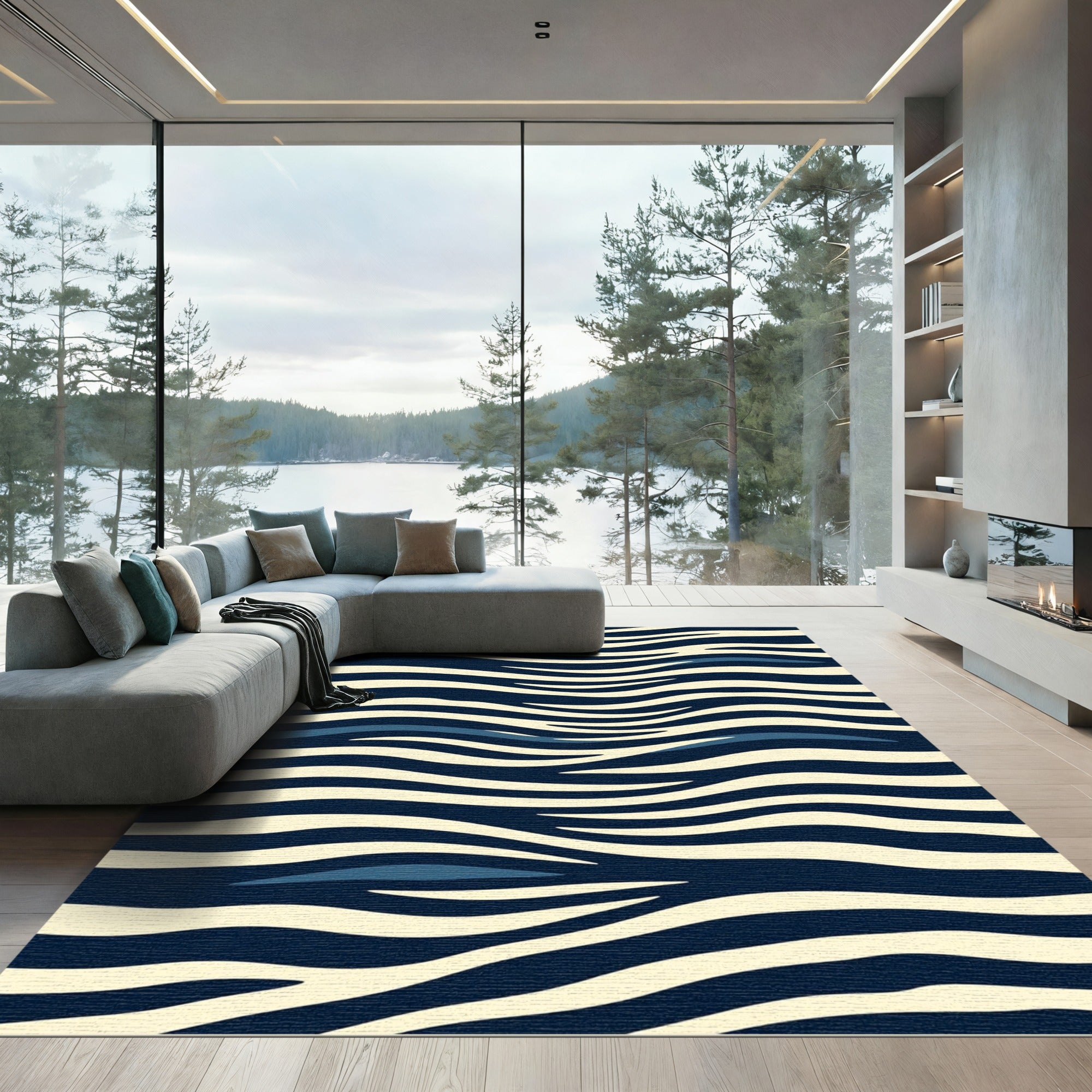 Navy Blue Cream Wavy Zebra Stripes Rug