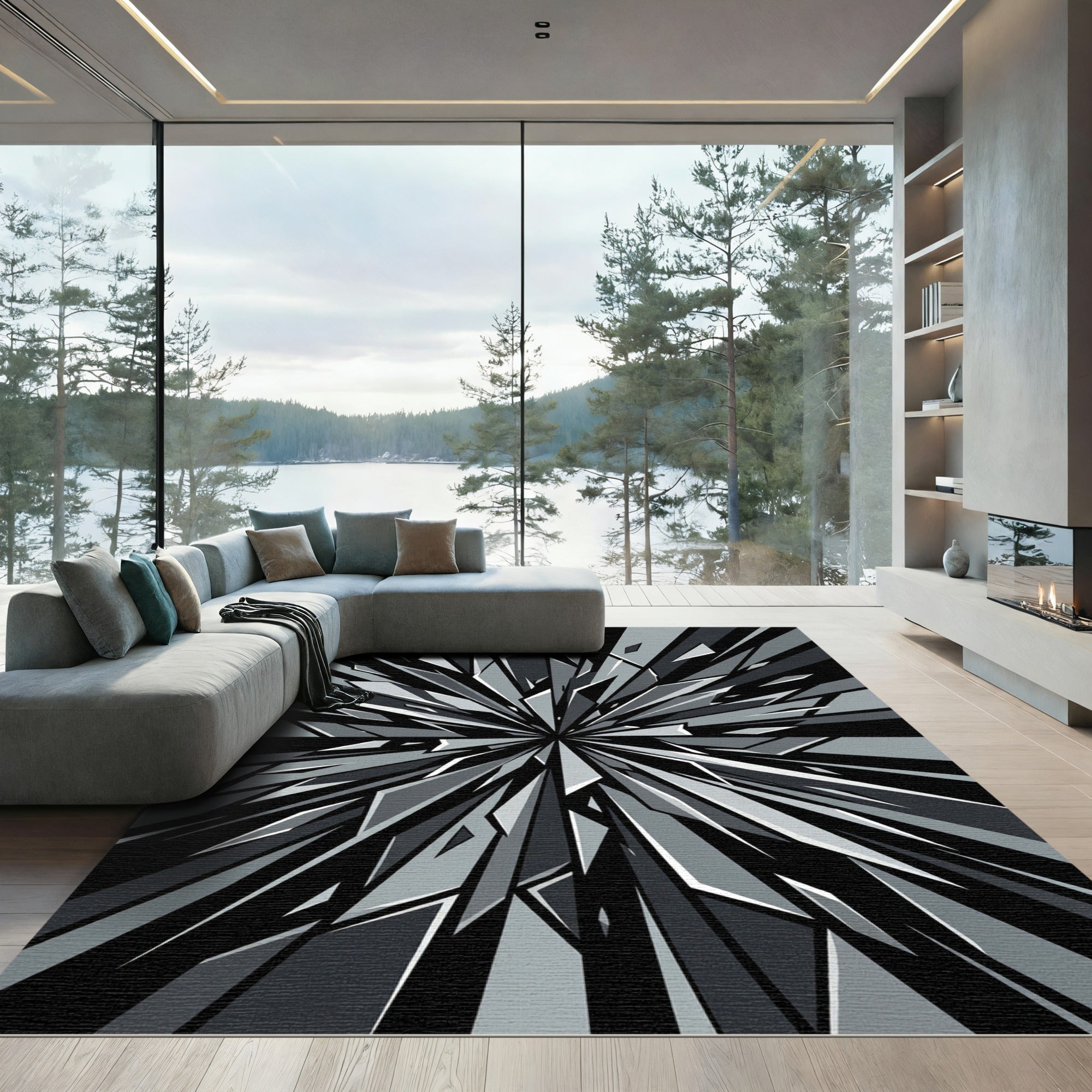 Monochrome Abstract Sharp Geometric Shards Rug