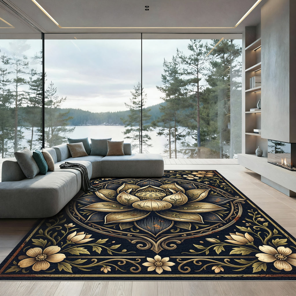 Golden Lotus Medallion Dark Botanical Rug