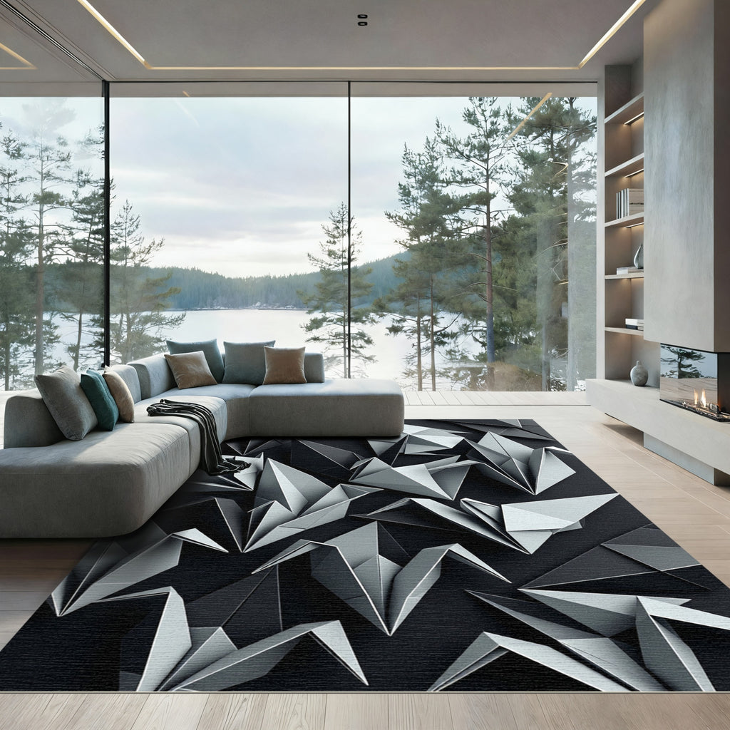 Monochromatic Origami Cranes Geometric Composition Rug