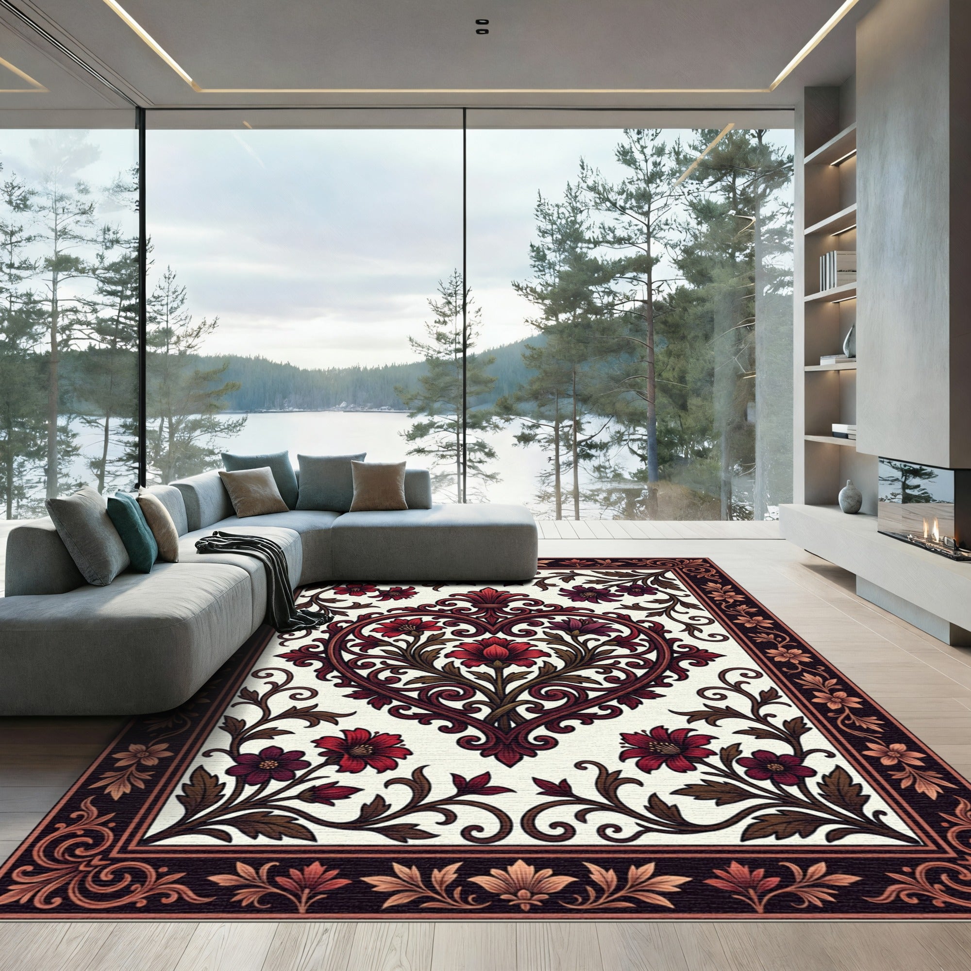 Elegant Crimson Floral Heart Scroll Accent Rug