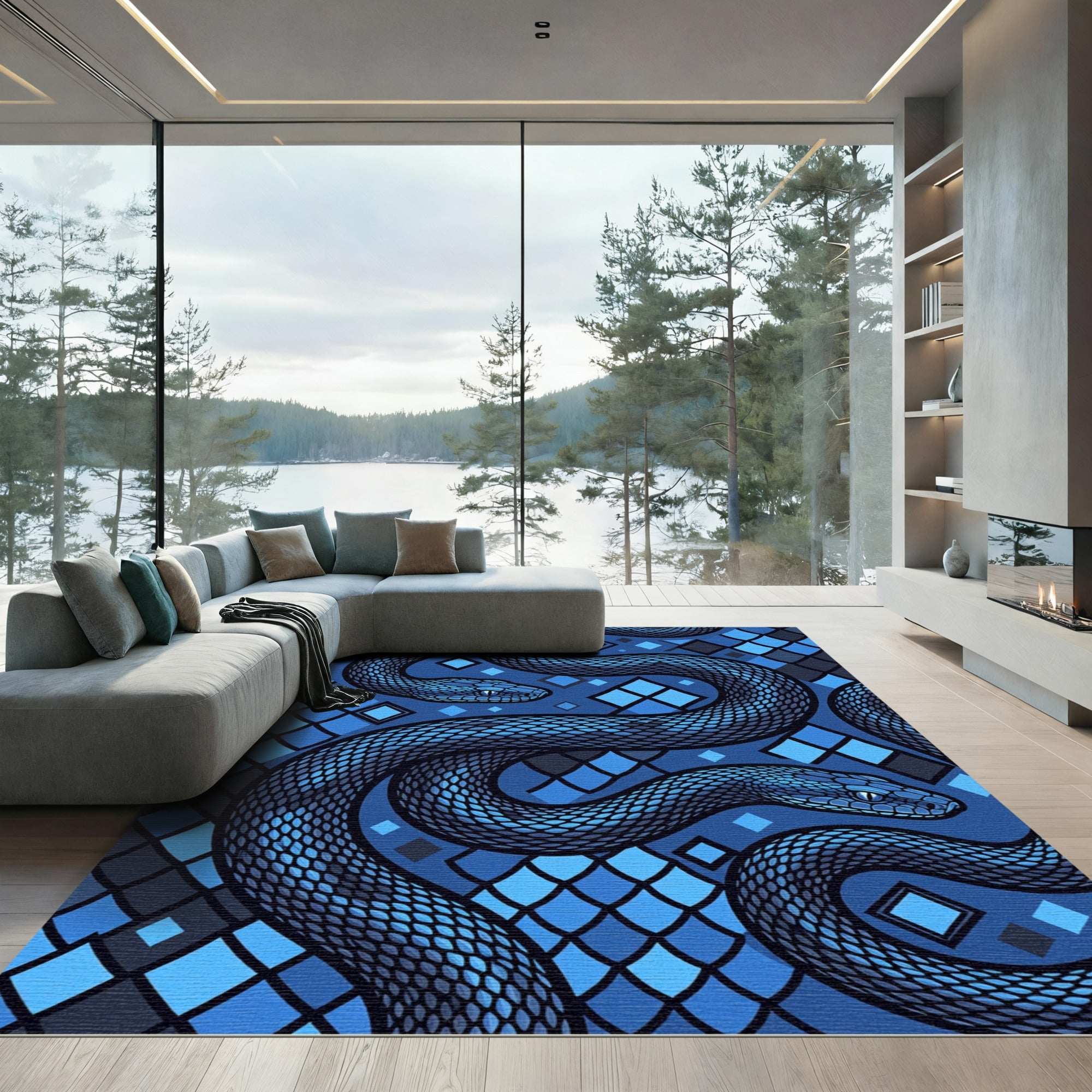 Electric Blue Serpentine Geometric Diamond Art Rug