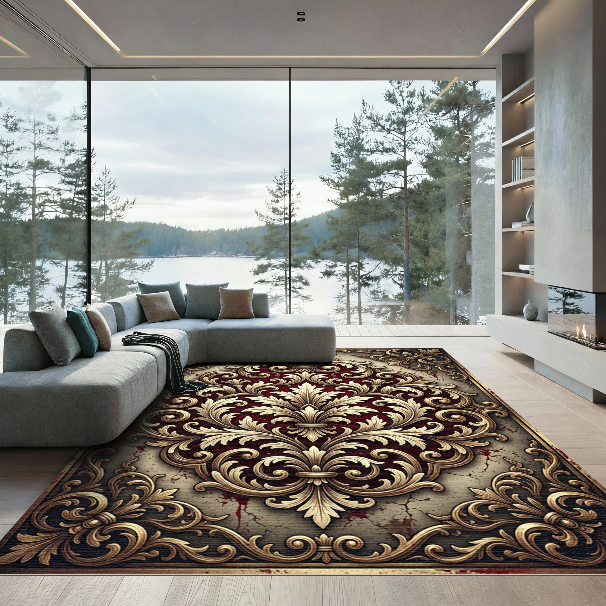 Ornate Golden Damask Crimson Royal Filigree Rug