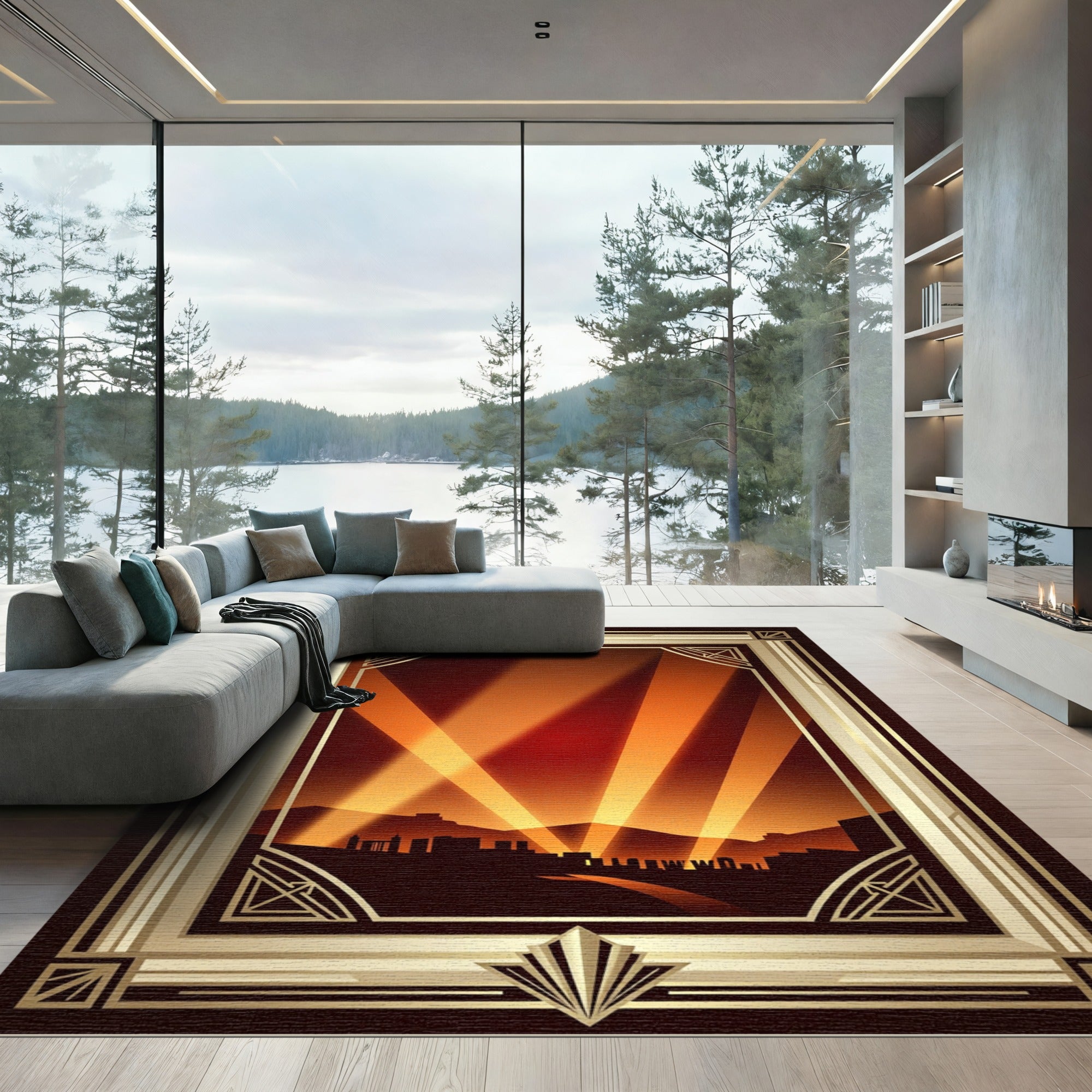 Art Deco Golden Skyline Spotlight Beam Rug