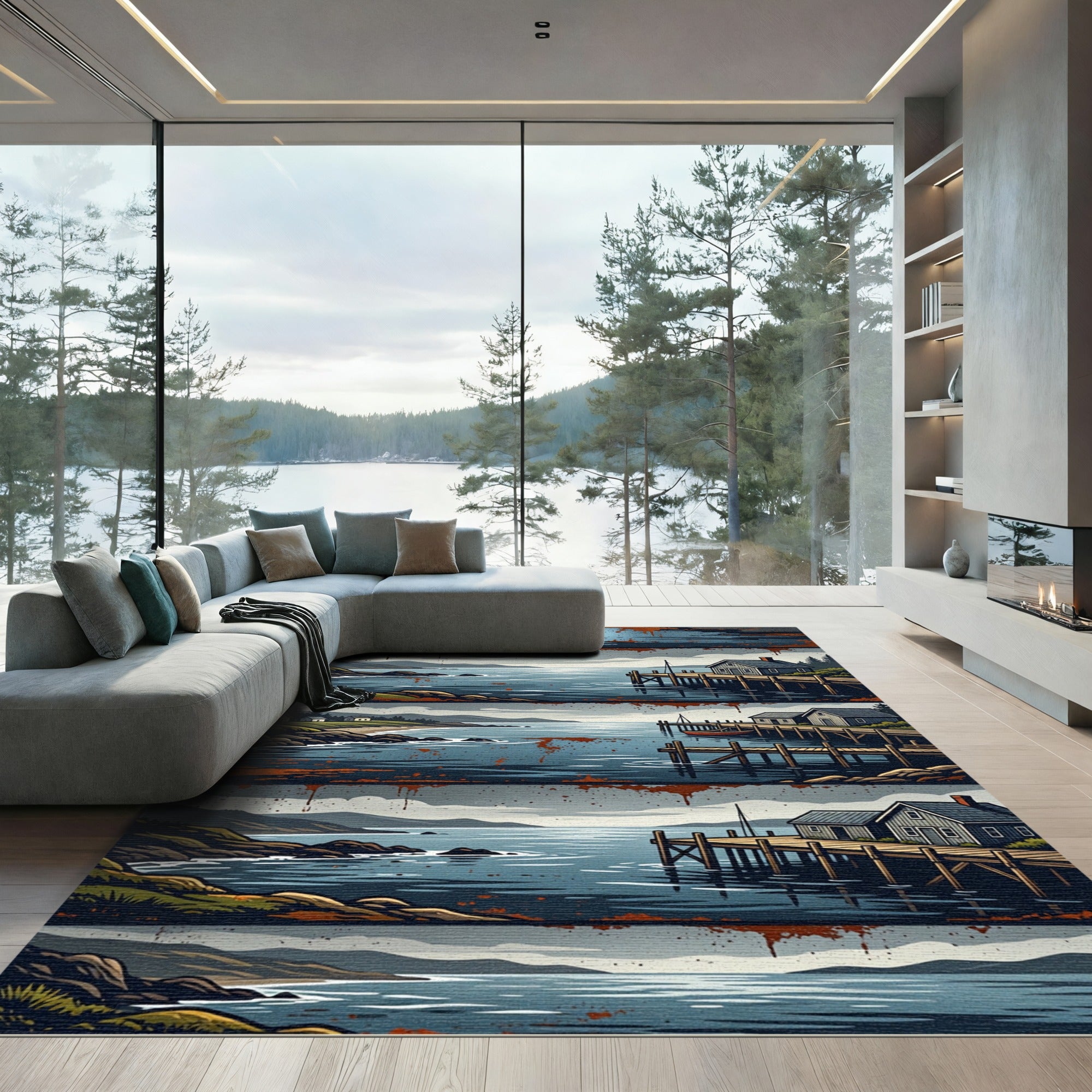 Stormy Coastal Village Dock Seascape Rug