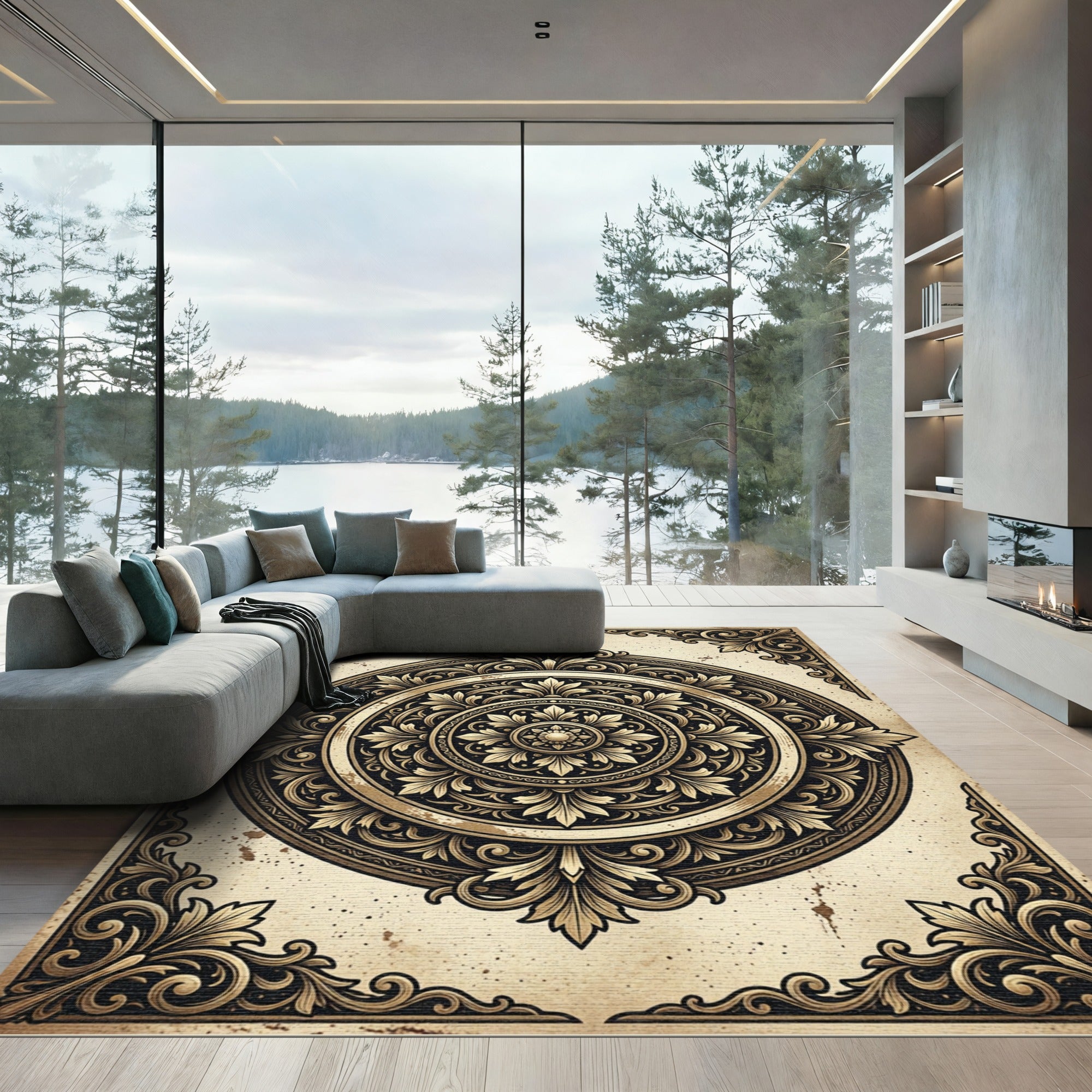 Antique Cream Ornate Gold Regal Medallion Rug