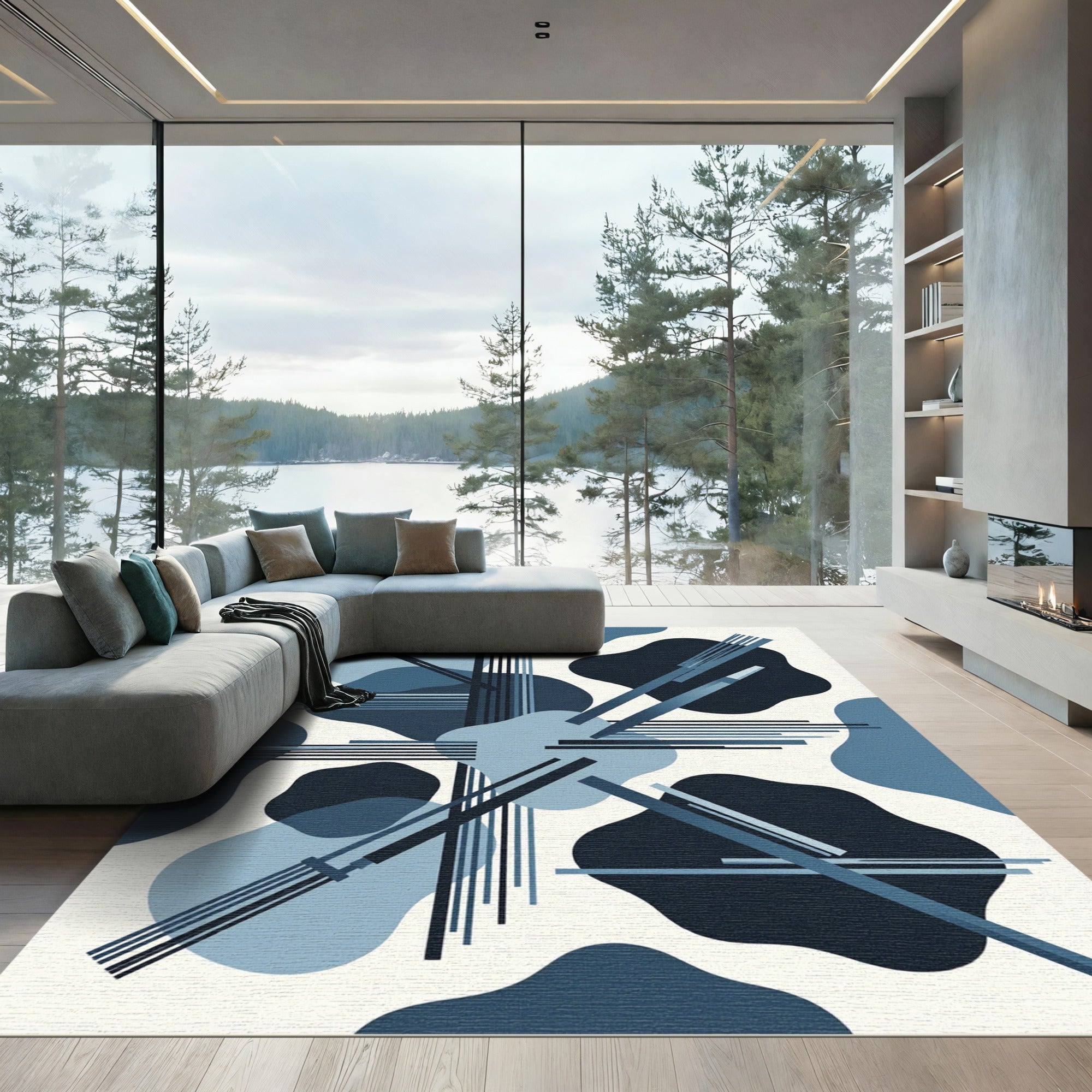 Modern Blue Geometric Abstract Lines Rug