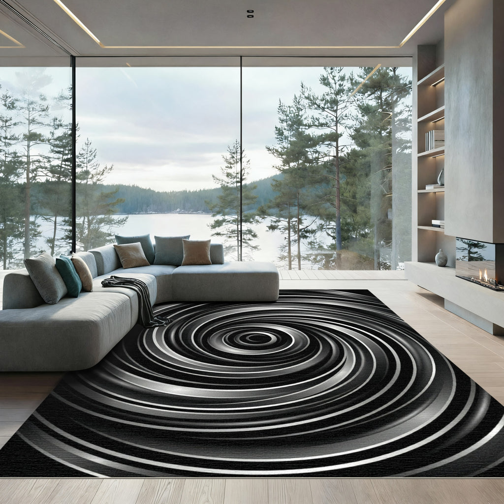 Sleek Silver Swirl Abstract Rug
