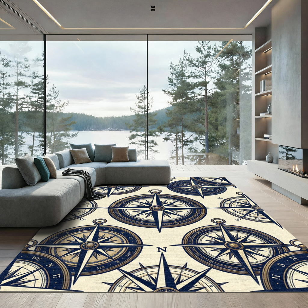 Vintage Navy Nautical Compass Anchor Rug