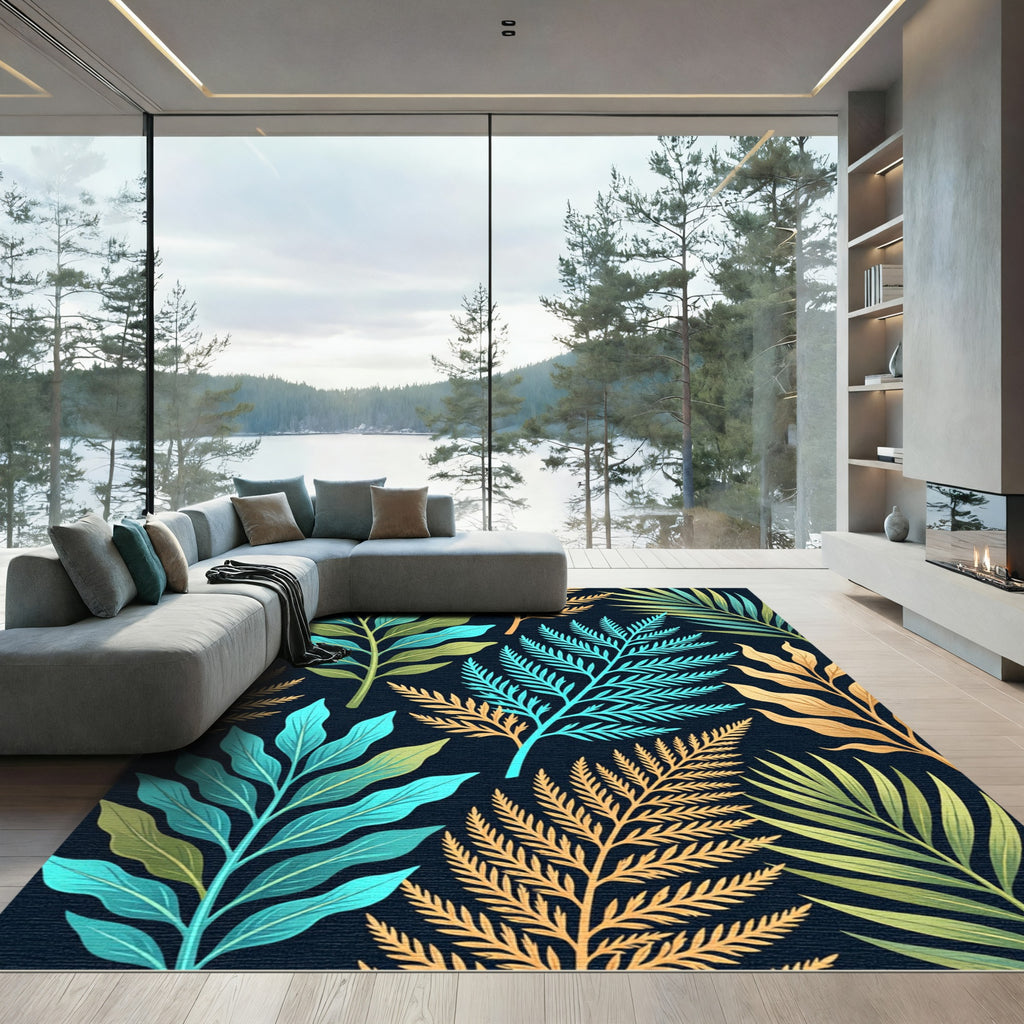 Tropical Teal Gold Leaf Fern Rug