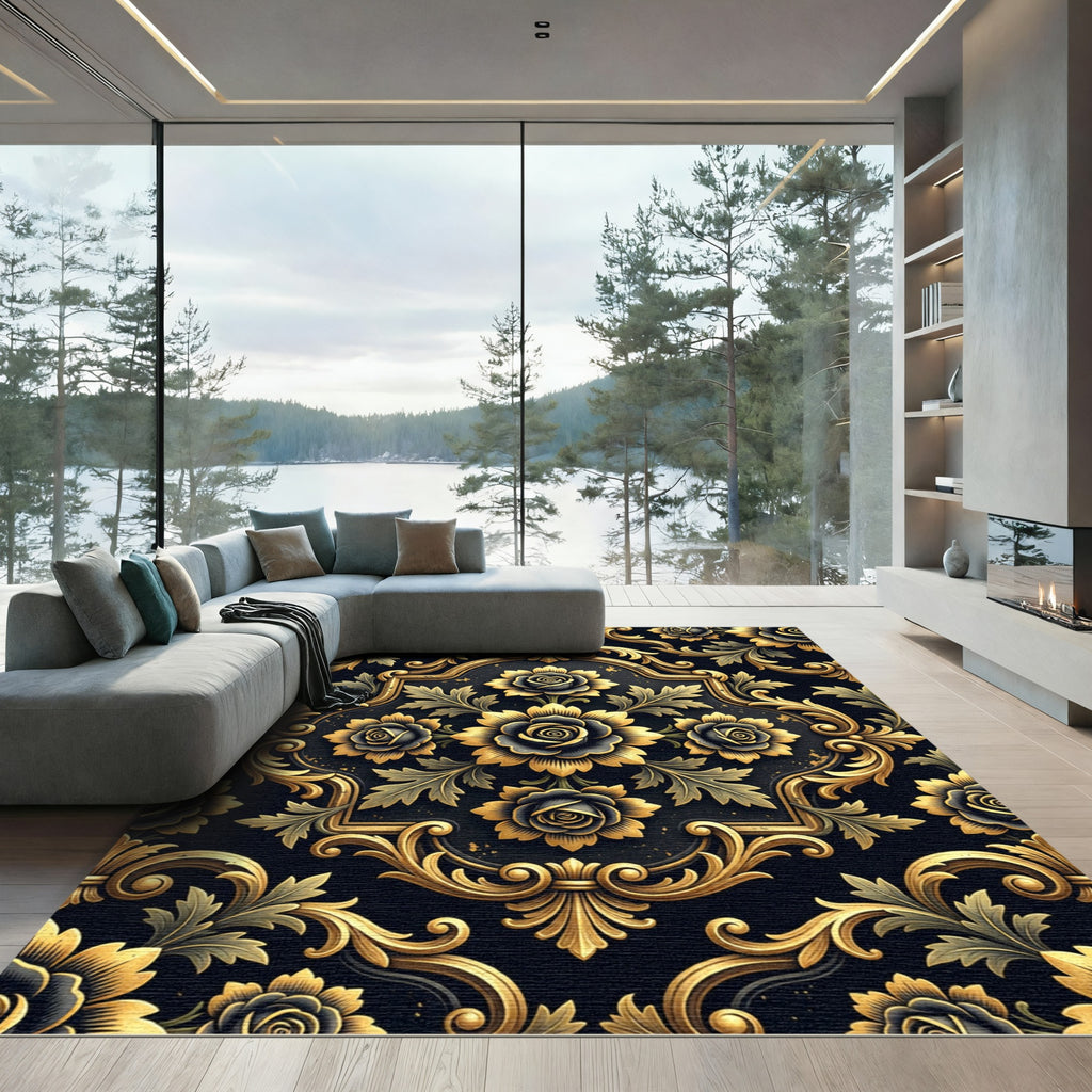 Gilded Black Rose Baroque Medallion Rug