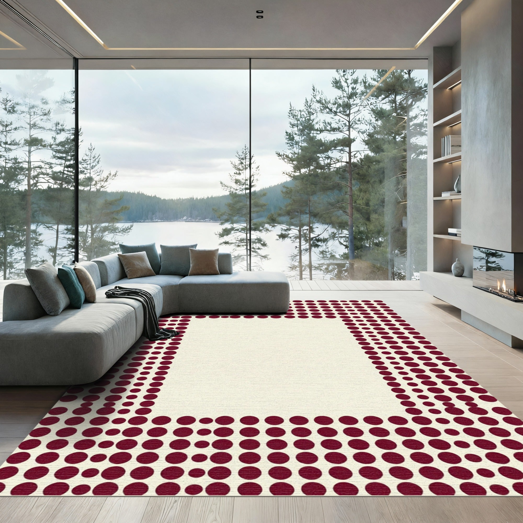 Minimalist Burgundy Dot Rectangular Frame Rug