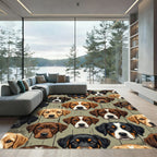 Adorable Puppy Faces on Wood Grain Rug