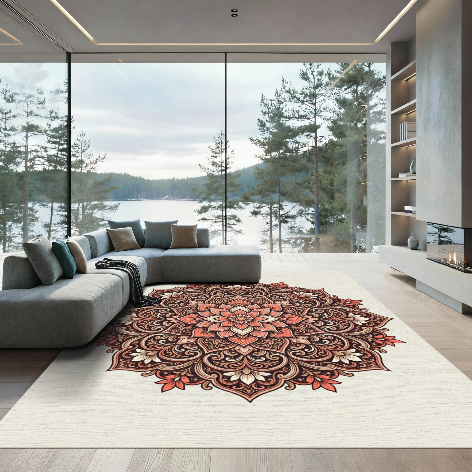 Coral Mandala Floral Ornamental Rug