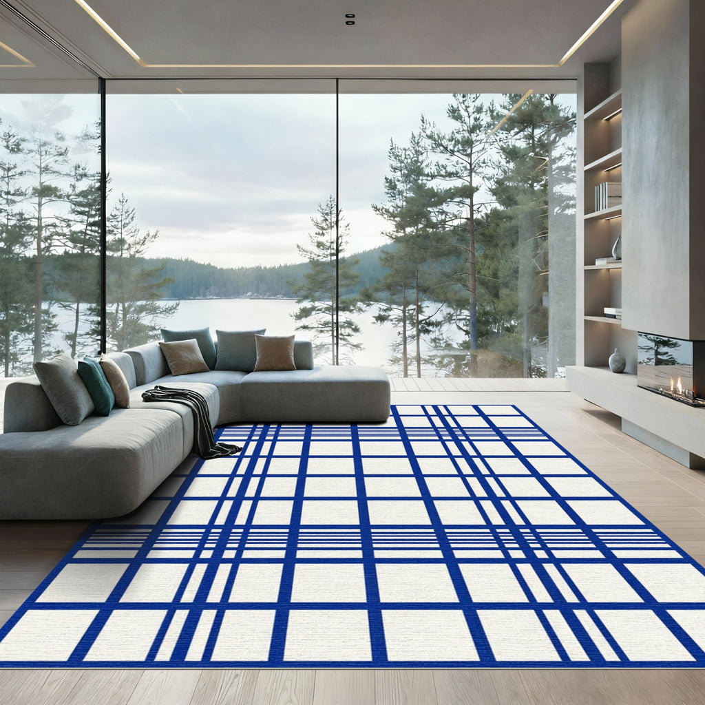 Bold Navy Blue Grid Plaid Area Rug