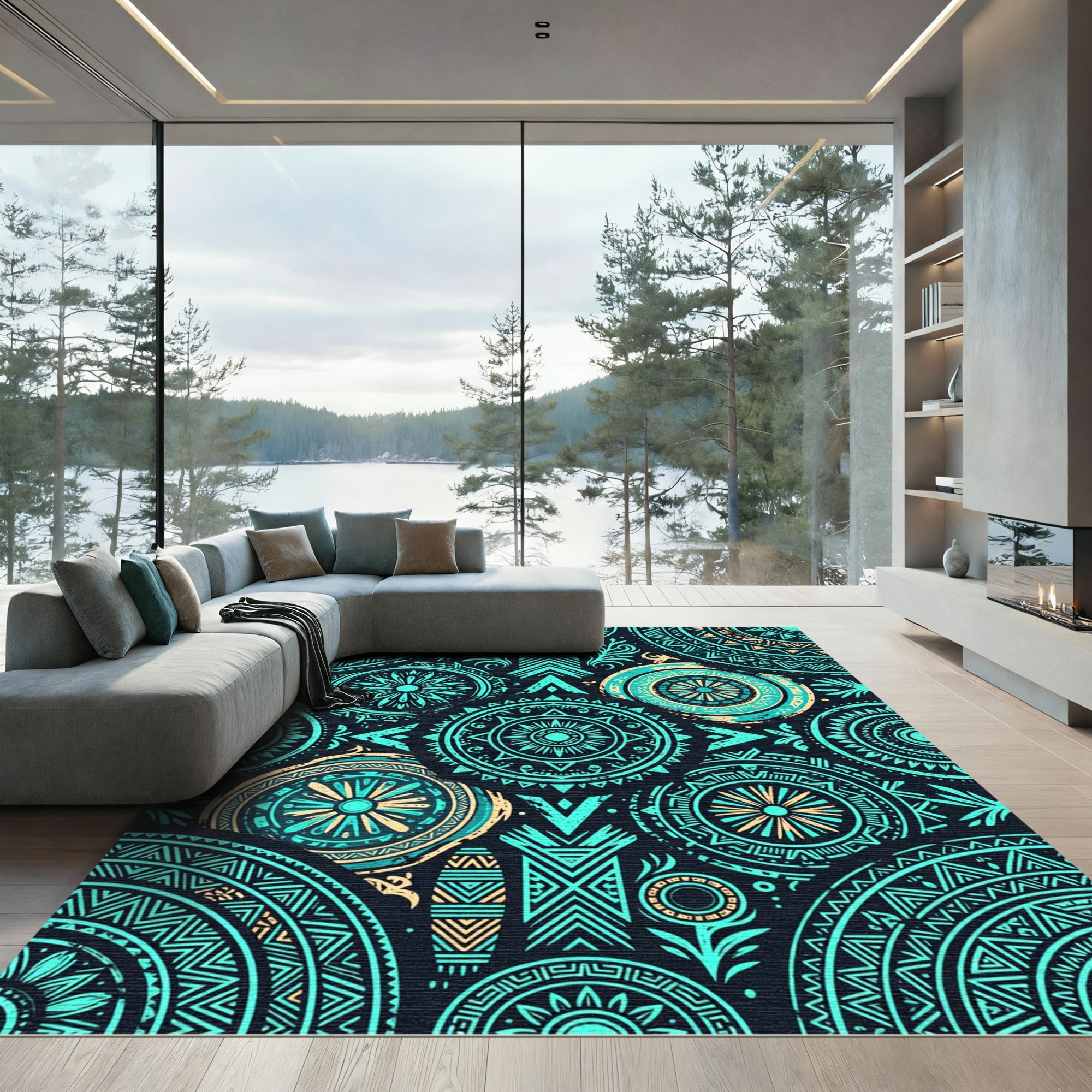 Teal Cyan Geometric Mandala Accent Rug