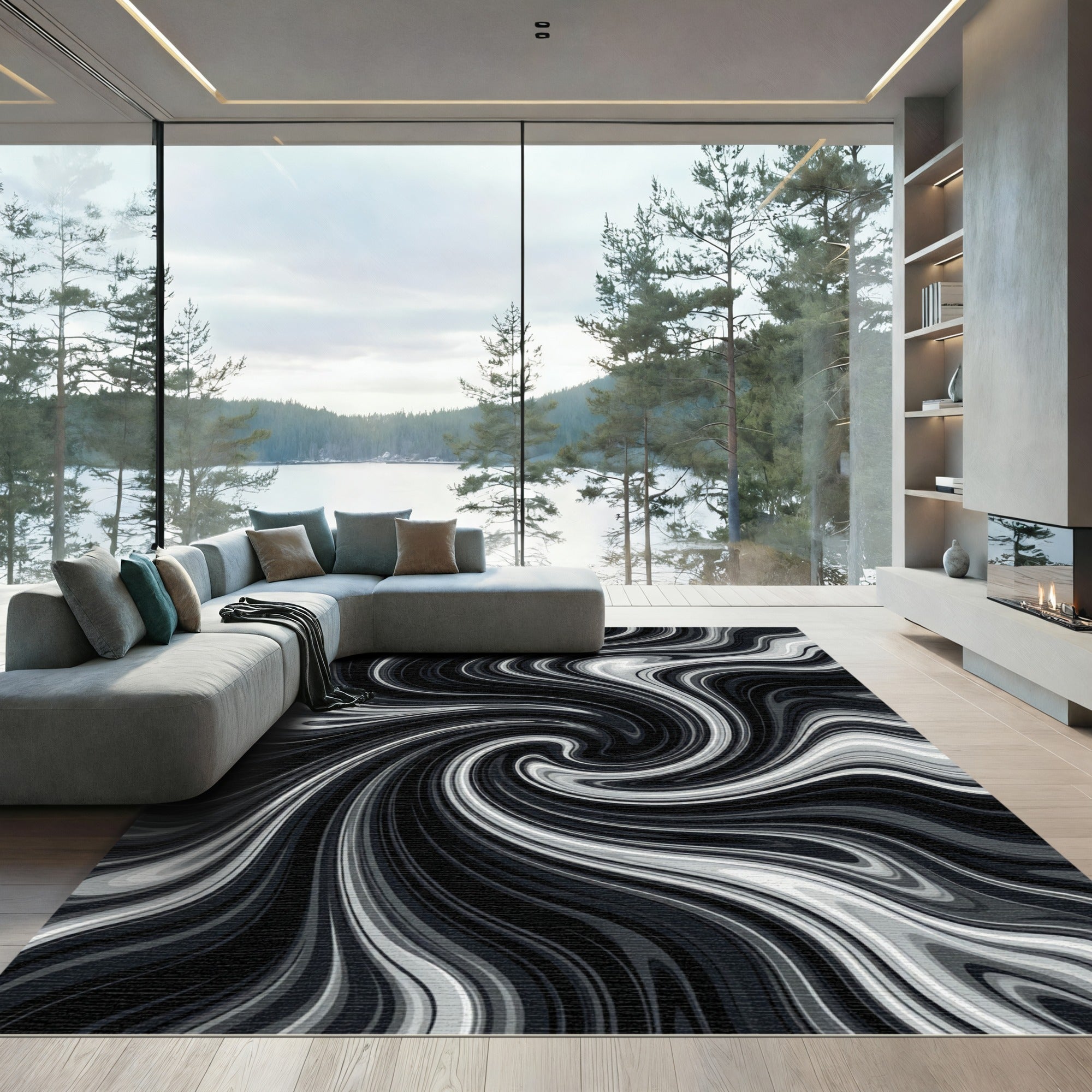 Monochrome Swirling Marble Agate Rug
