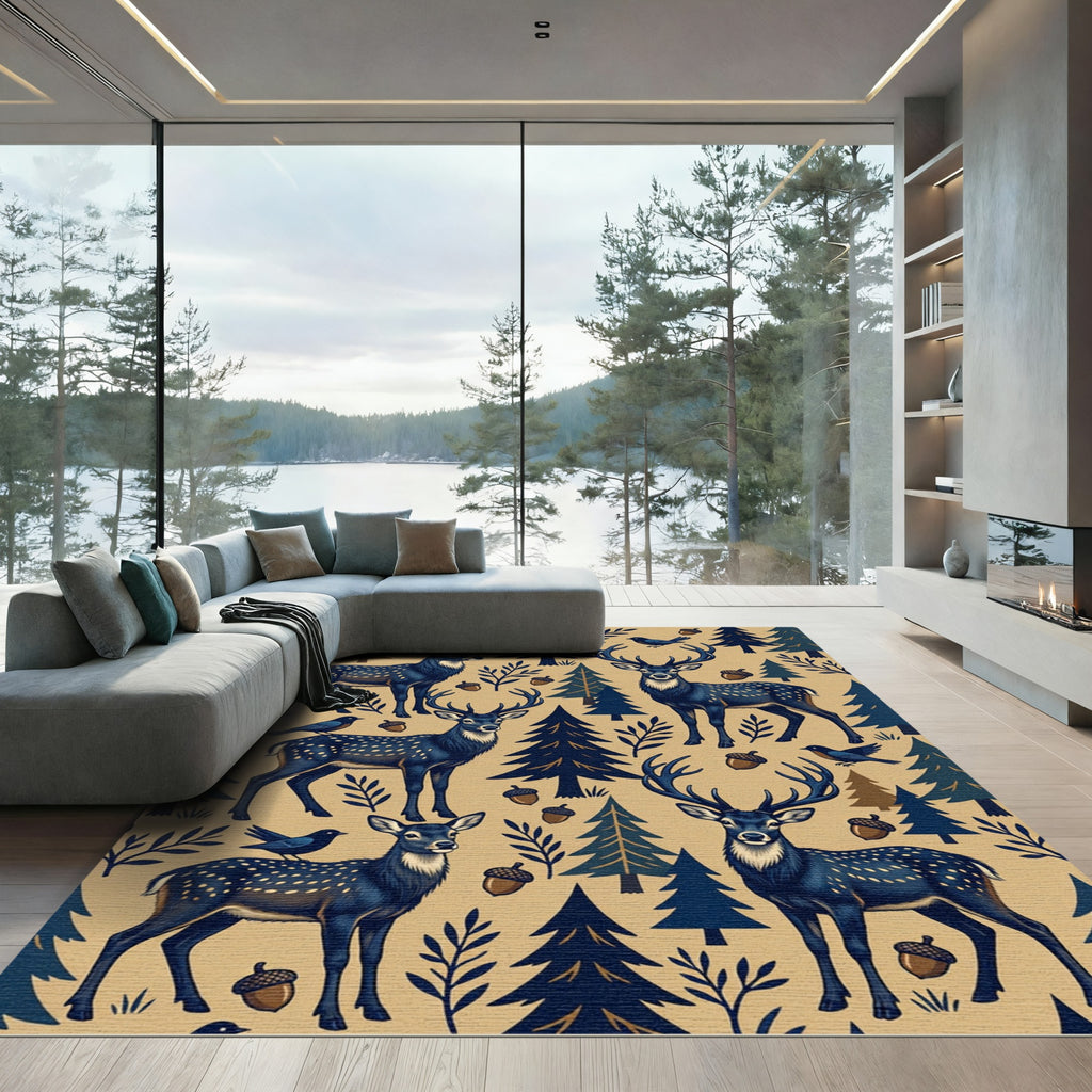 Midnight Forest Deer Acorn Folk Art Rug