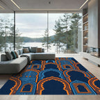 Ornate Blue and Orange Arched Gate Rug