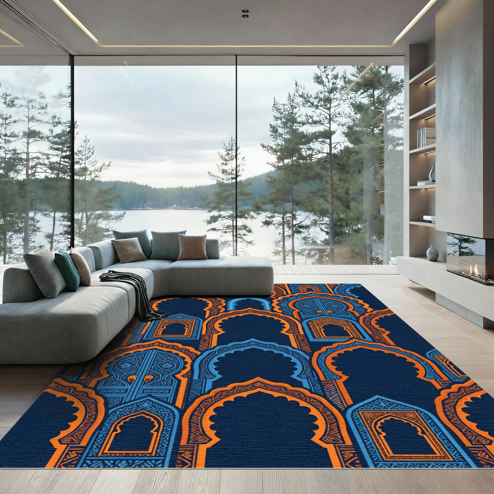 Ornate Blue and Orange Arched Gate Rug