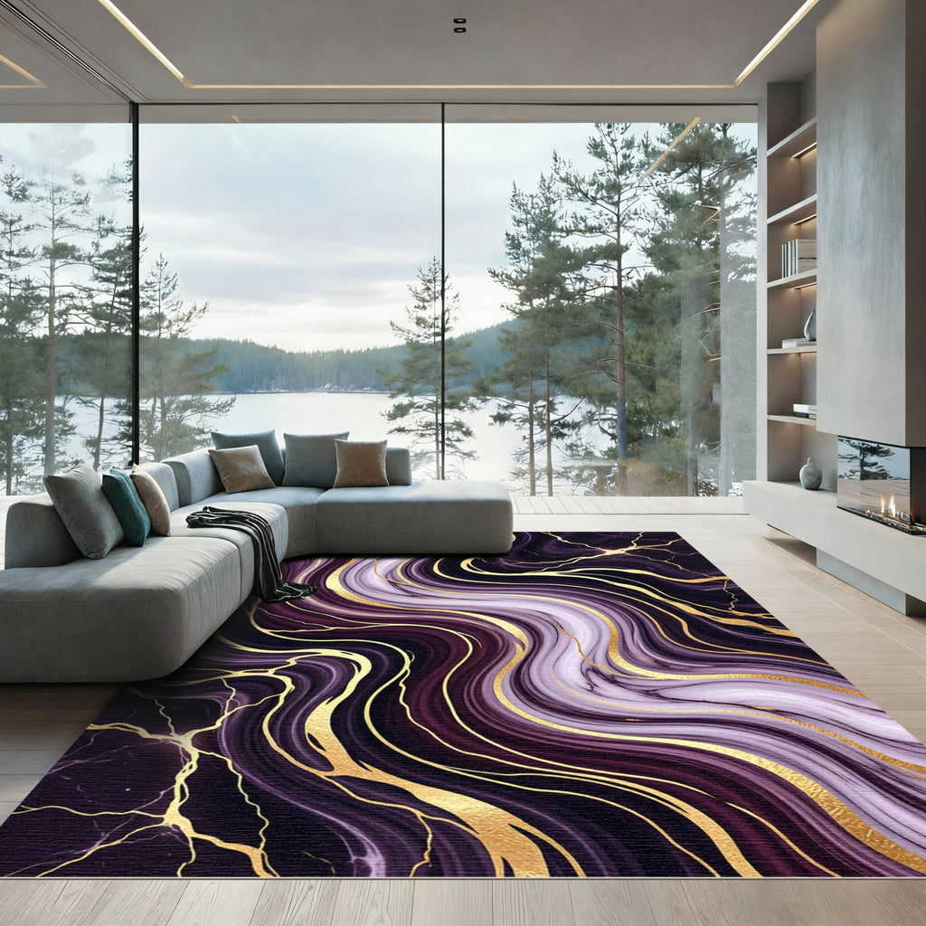 Elegant Purple Golden Marble Swirl Rug