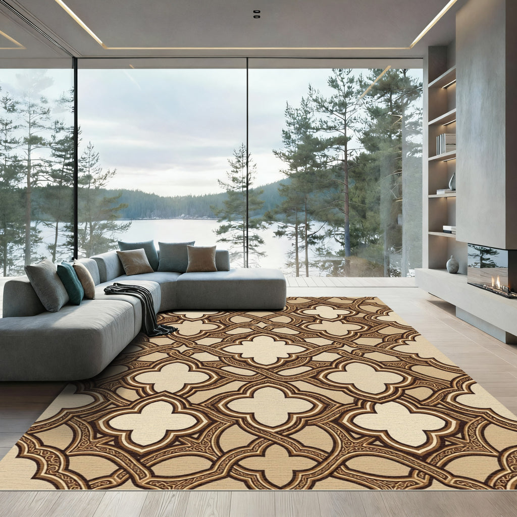 Elegant Beige Quatrefoil Interlocking Scroll Rug