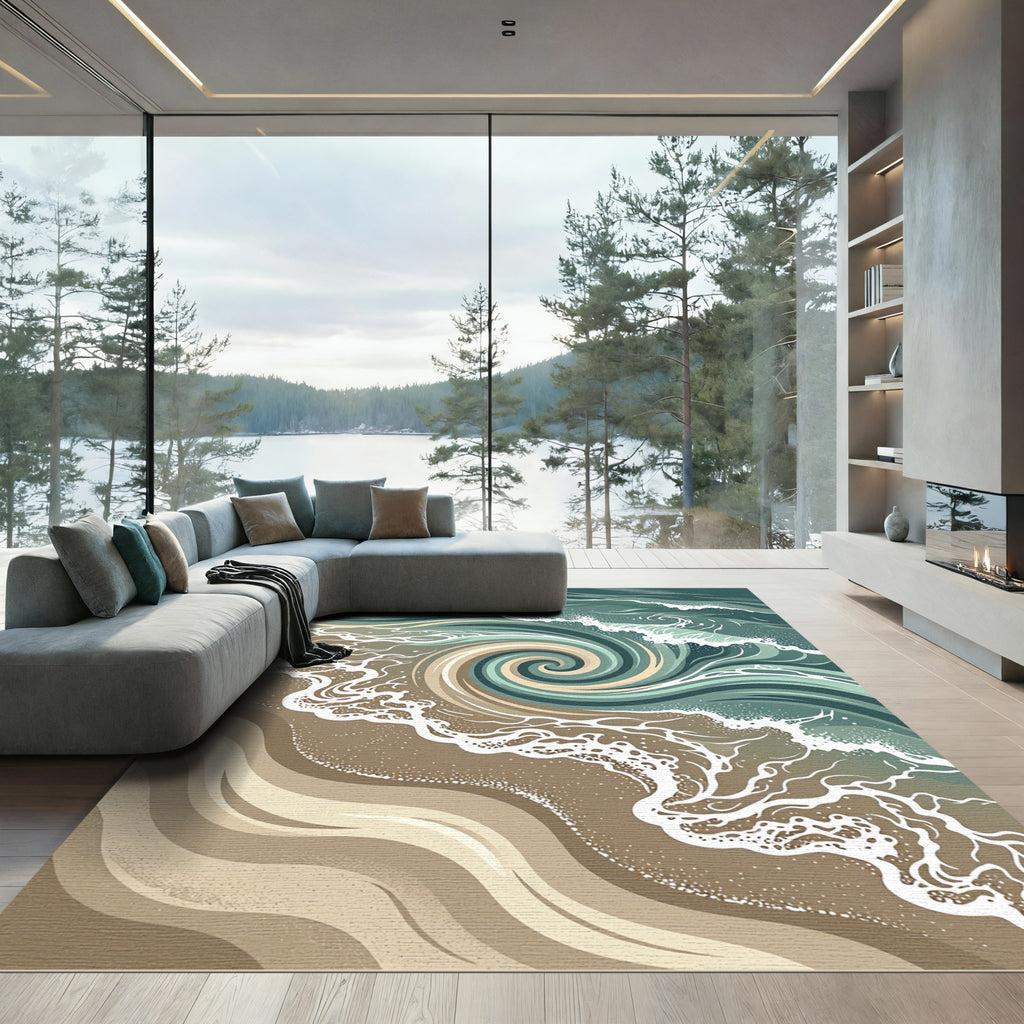 Serene Coastal Swirl Ocean Wave Rug