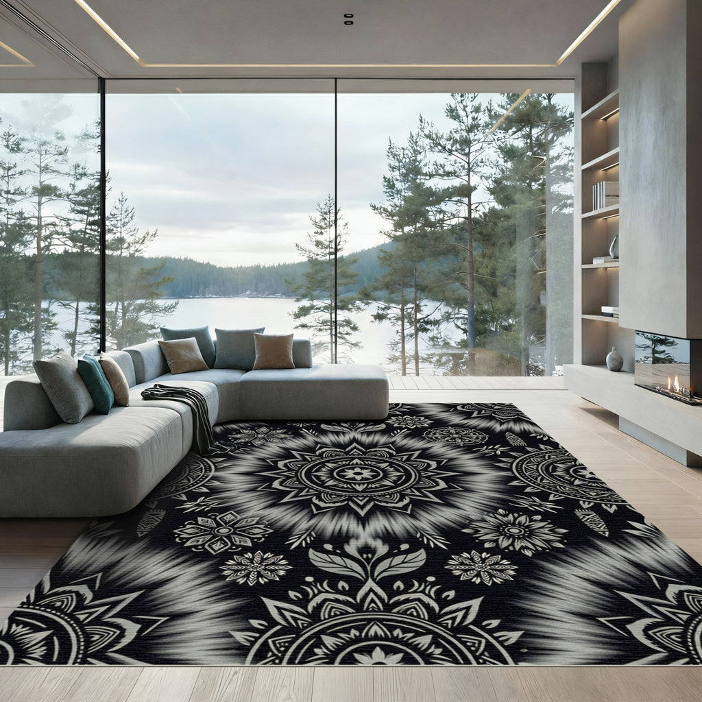 Monochromatic Mandala Medallion Tie Dye Rug