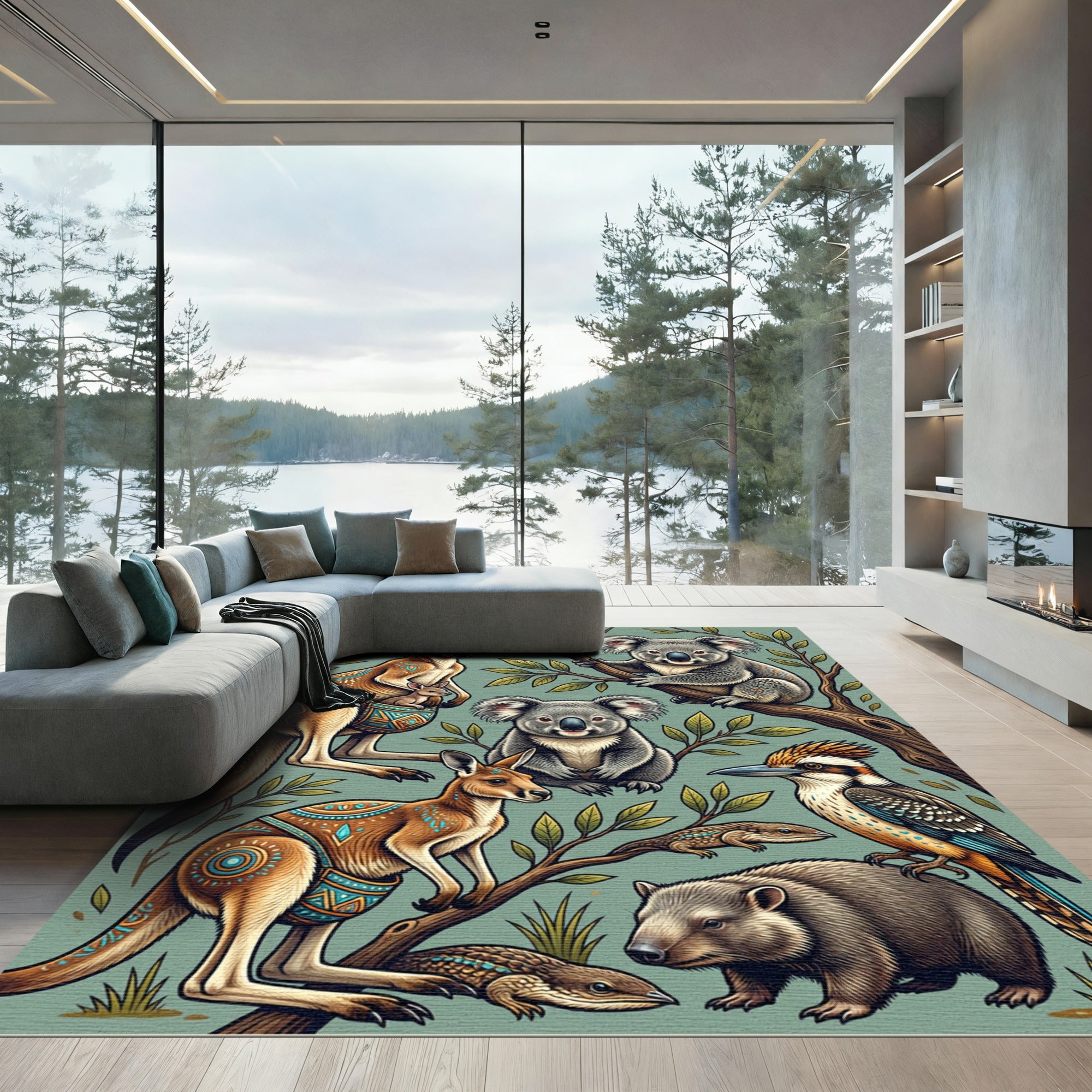 Australian Wildlife Botanical Teal Rug