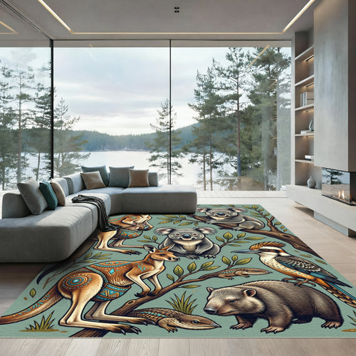 Australian Wildlife Botanical Teal Rug