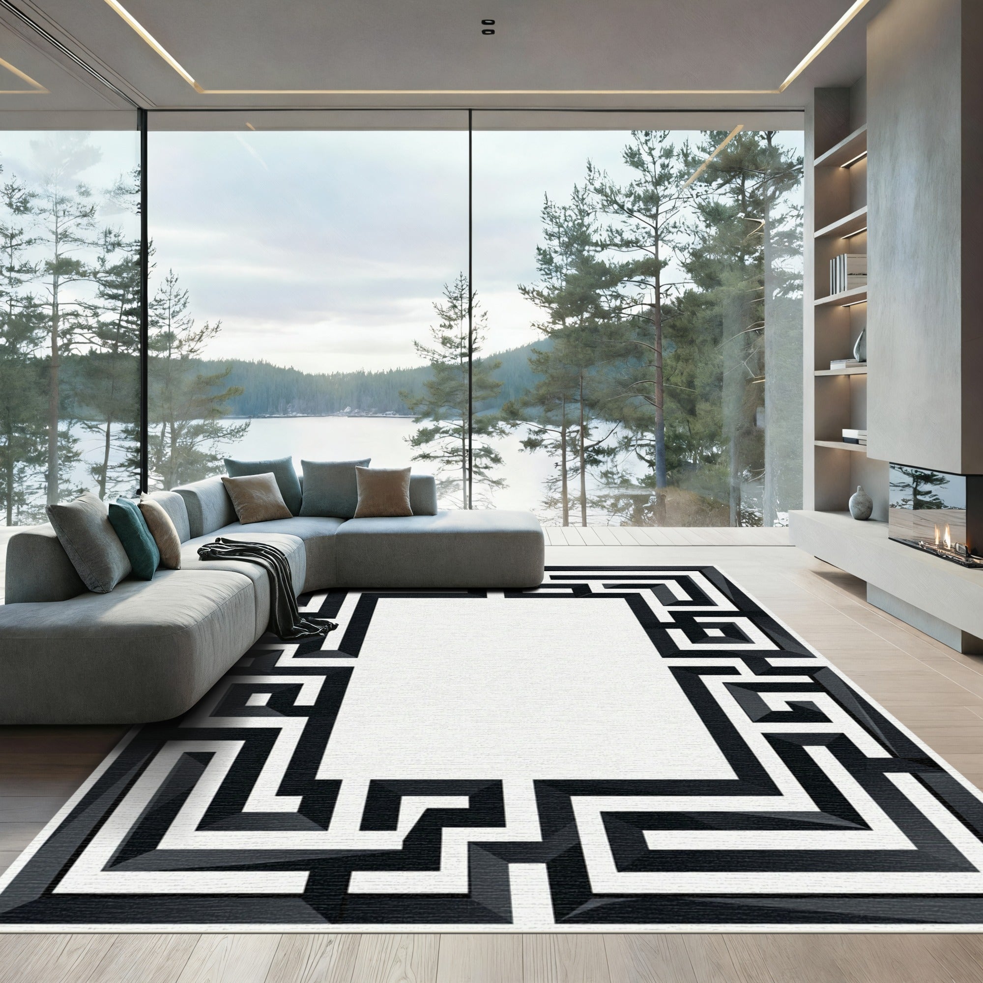Modern Black Maze Geometric Frame Rug