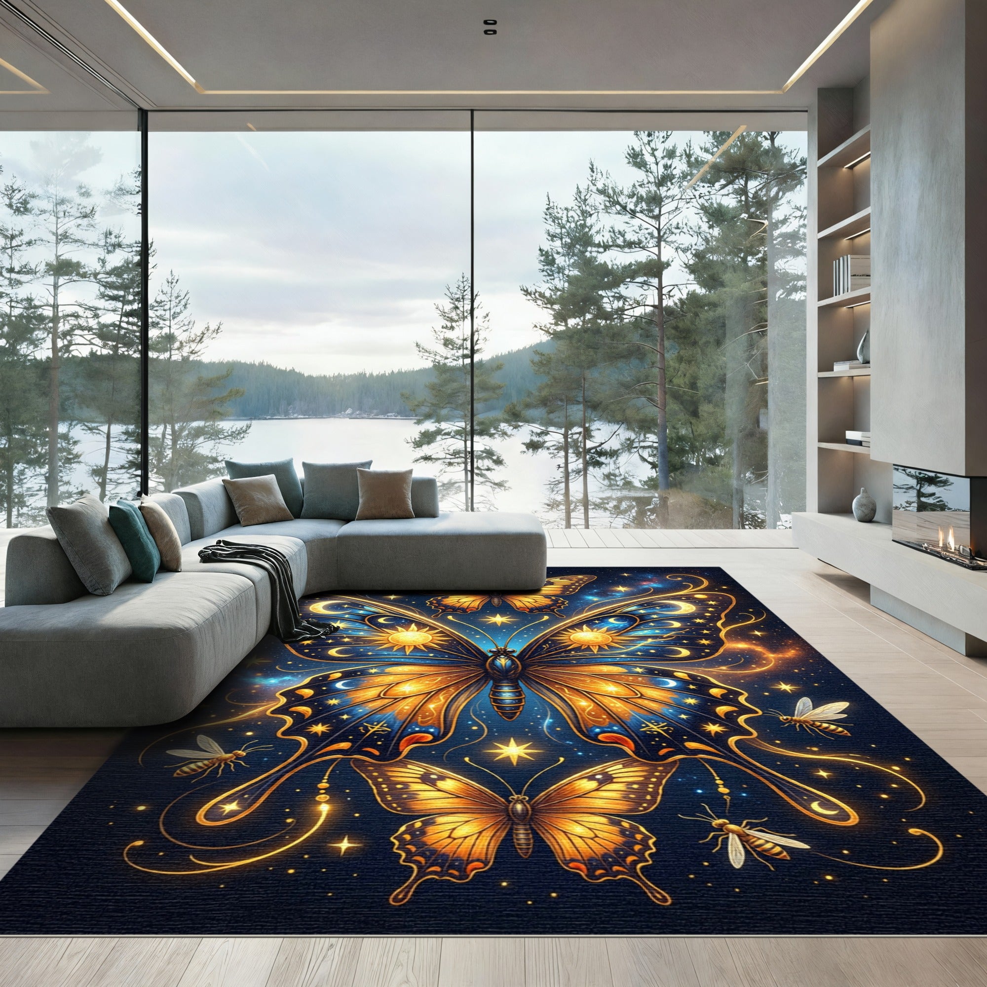 Celestial Golden Butterfly Cosmic Sky Rug