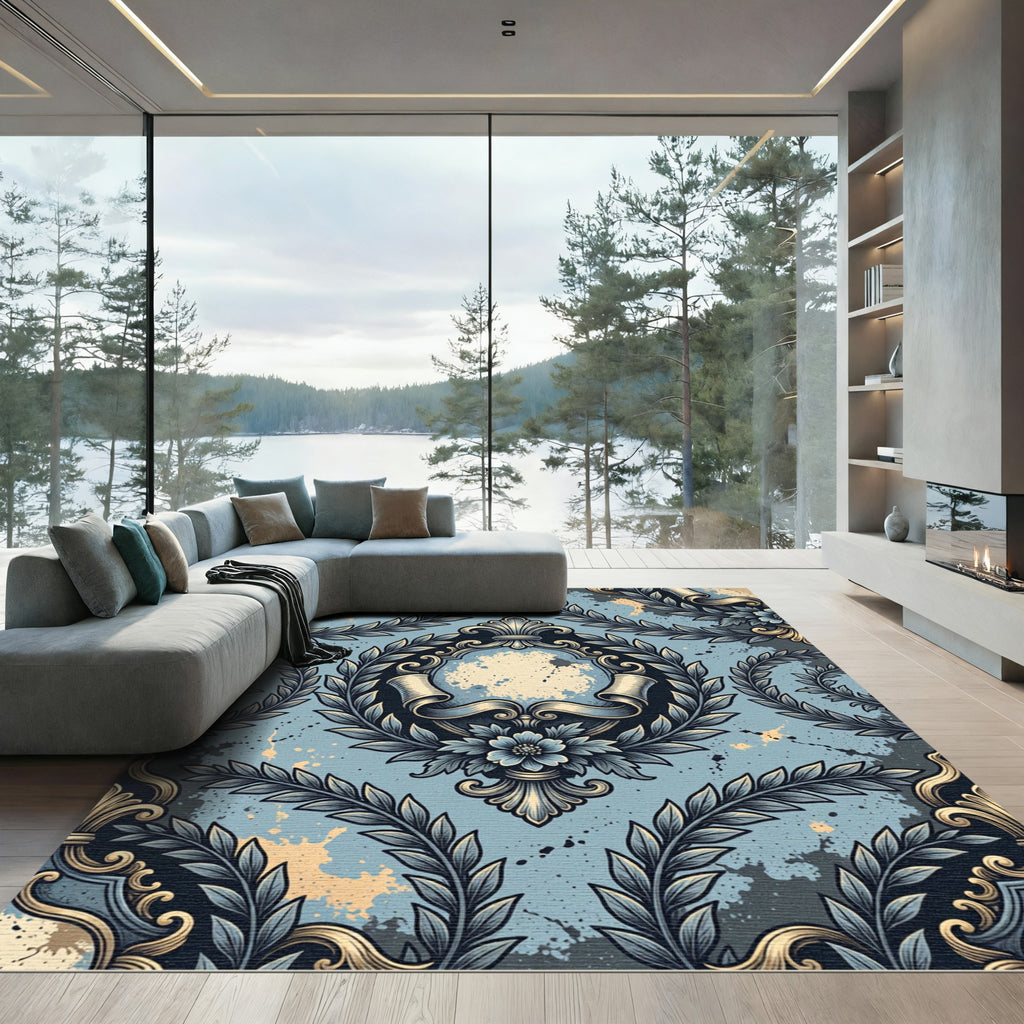 Vintage Blue Damask Laurel Wreath Rug
