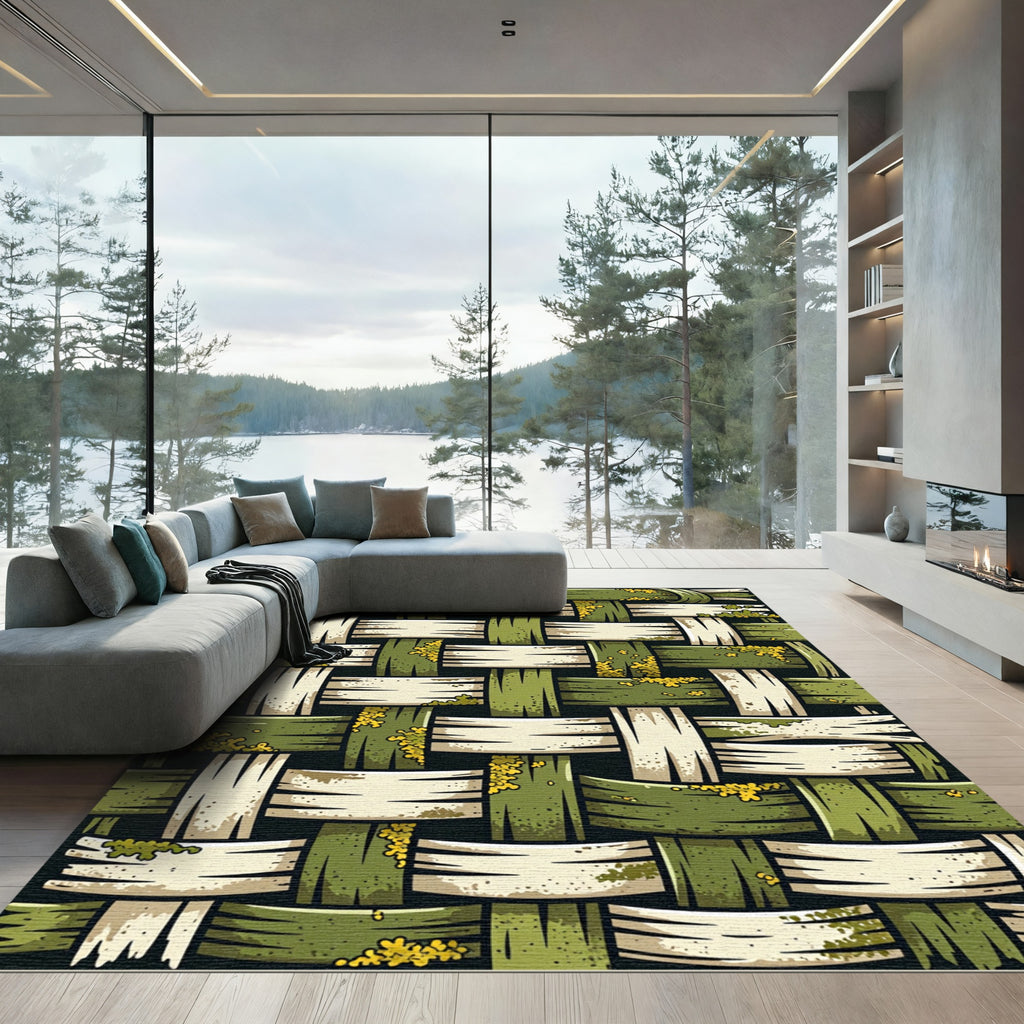 Earthy Moss Woven Textured Forest Grid Rug