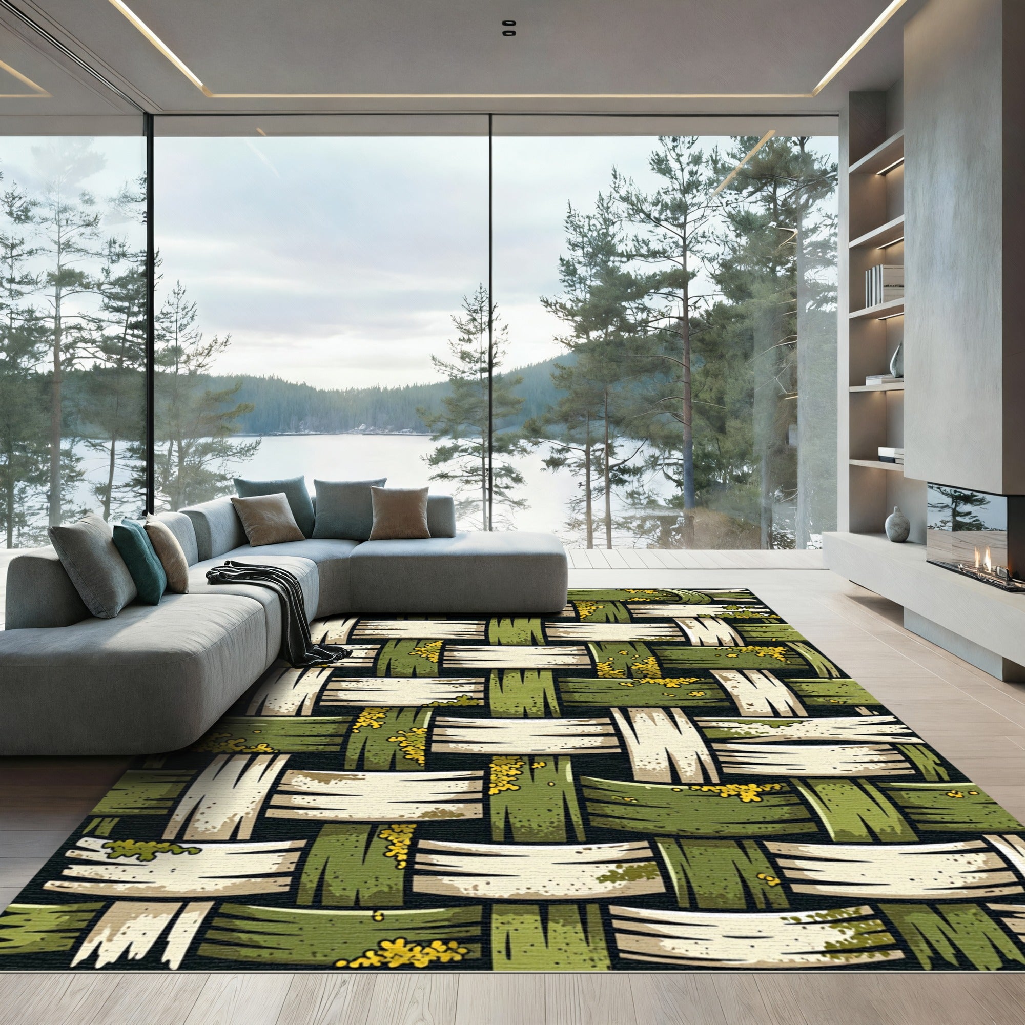 Earthy Moss Woven Textured Forest Grid Rug
