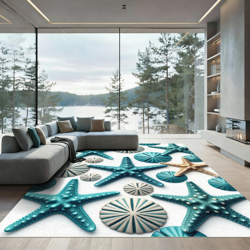 Coastal Turquoise Starfish and Shells Rug