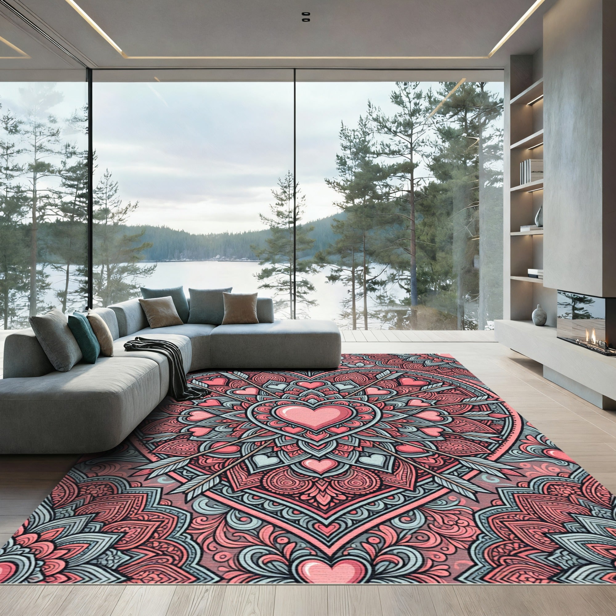 Pink Heart Mandala with Cupid Arrows Rug