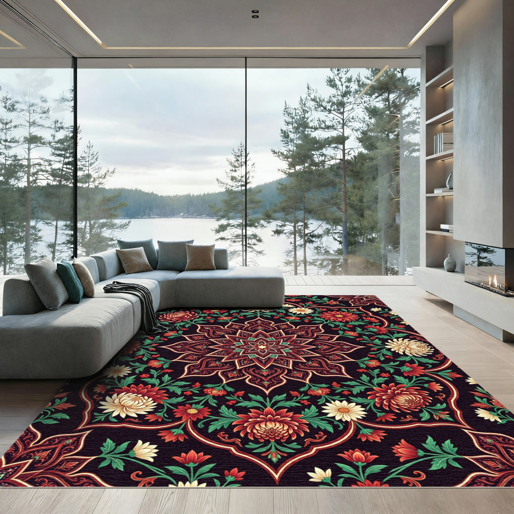 Floral Crimson Black Medallion Tapestry Rug