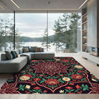 Floral Crimson Black Medallion Tapestry Rug