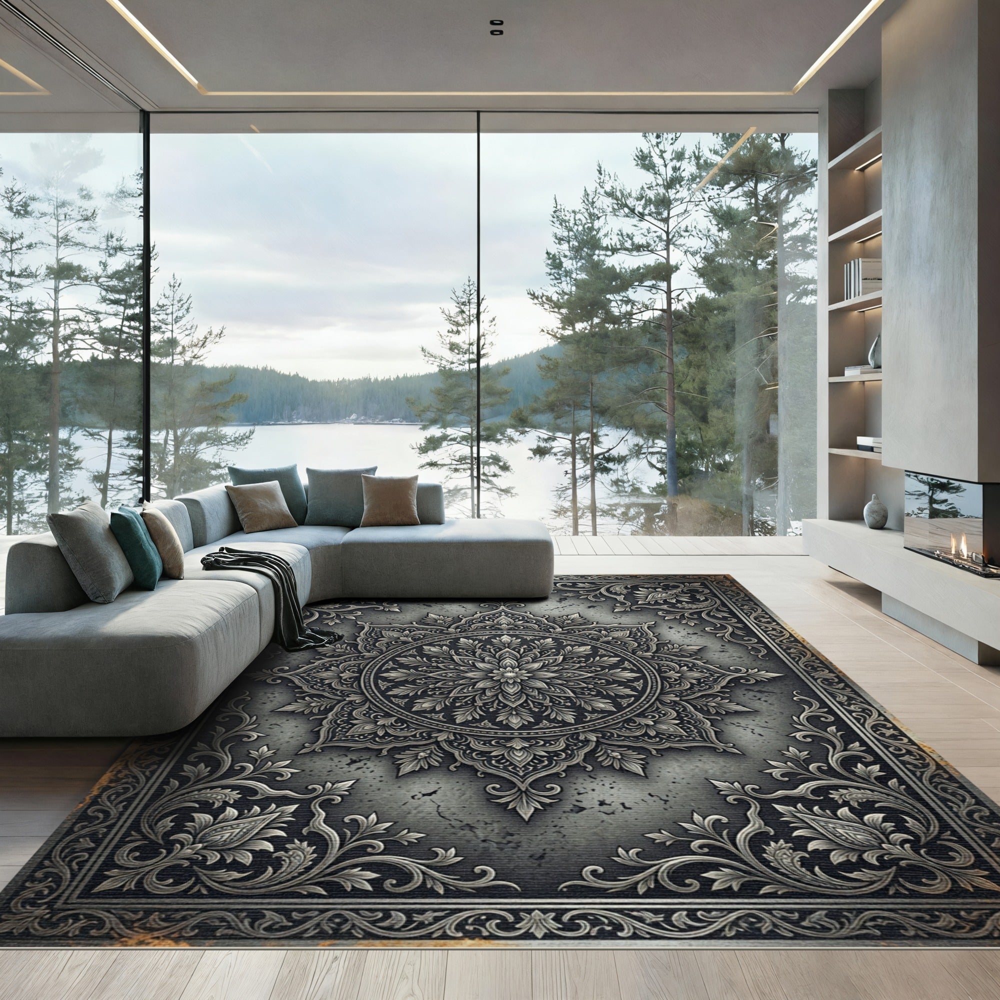 Intricate Slate Ornate Floral Medallion Rug