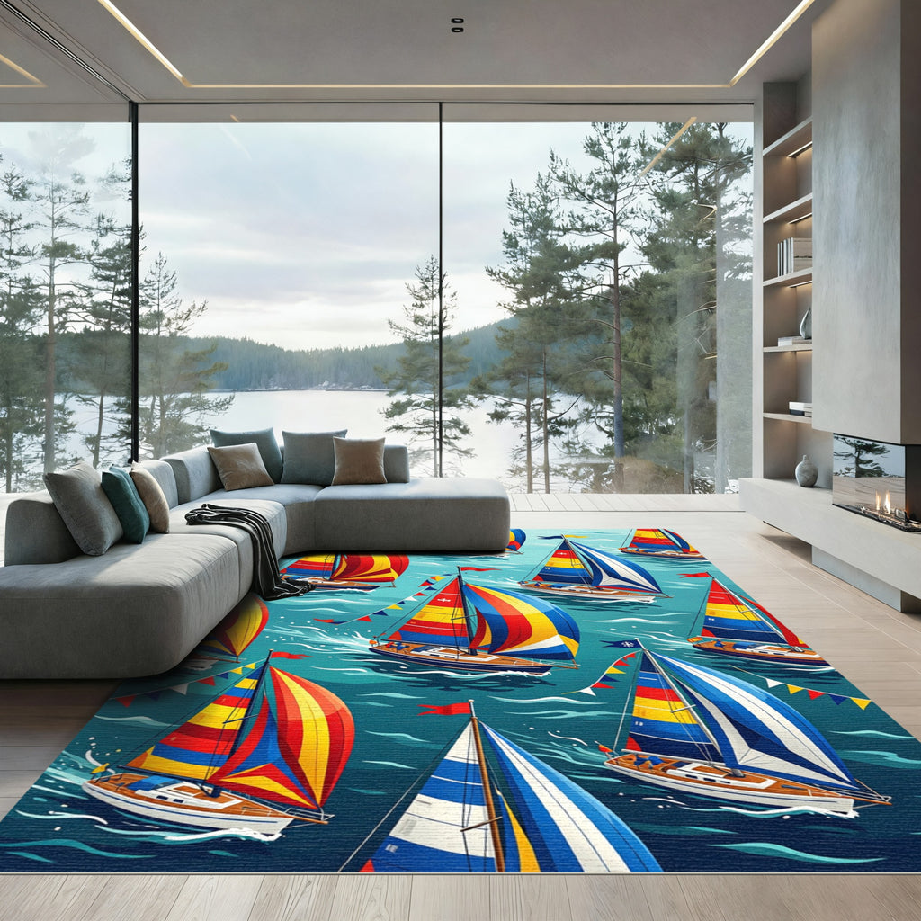 Colorful Sailboats Racing on Water Rug