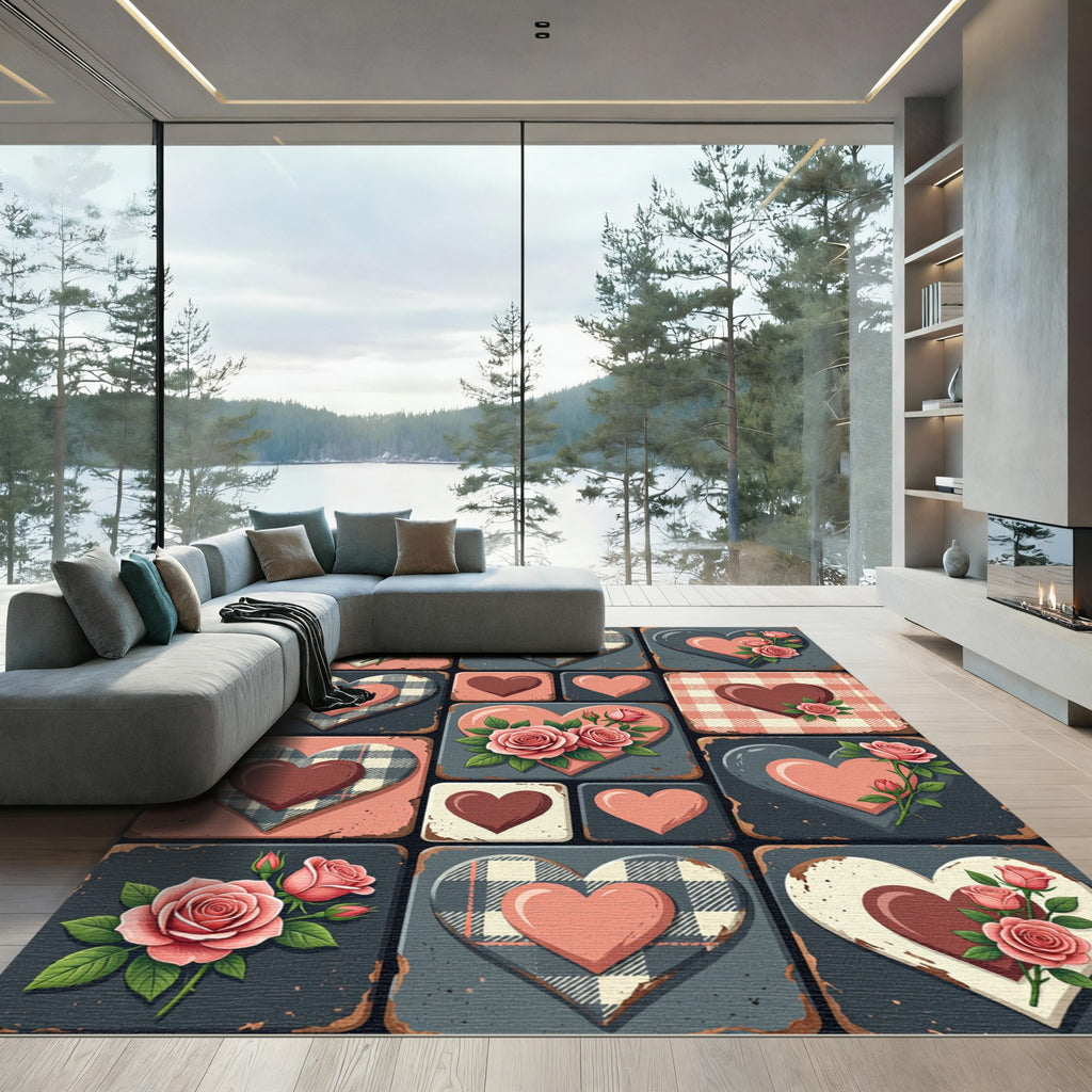 Valentine Rose Plaid Heart Collage Rug